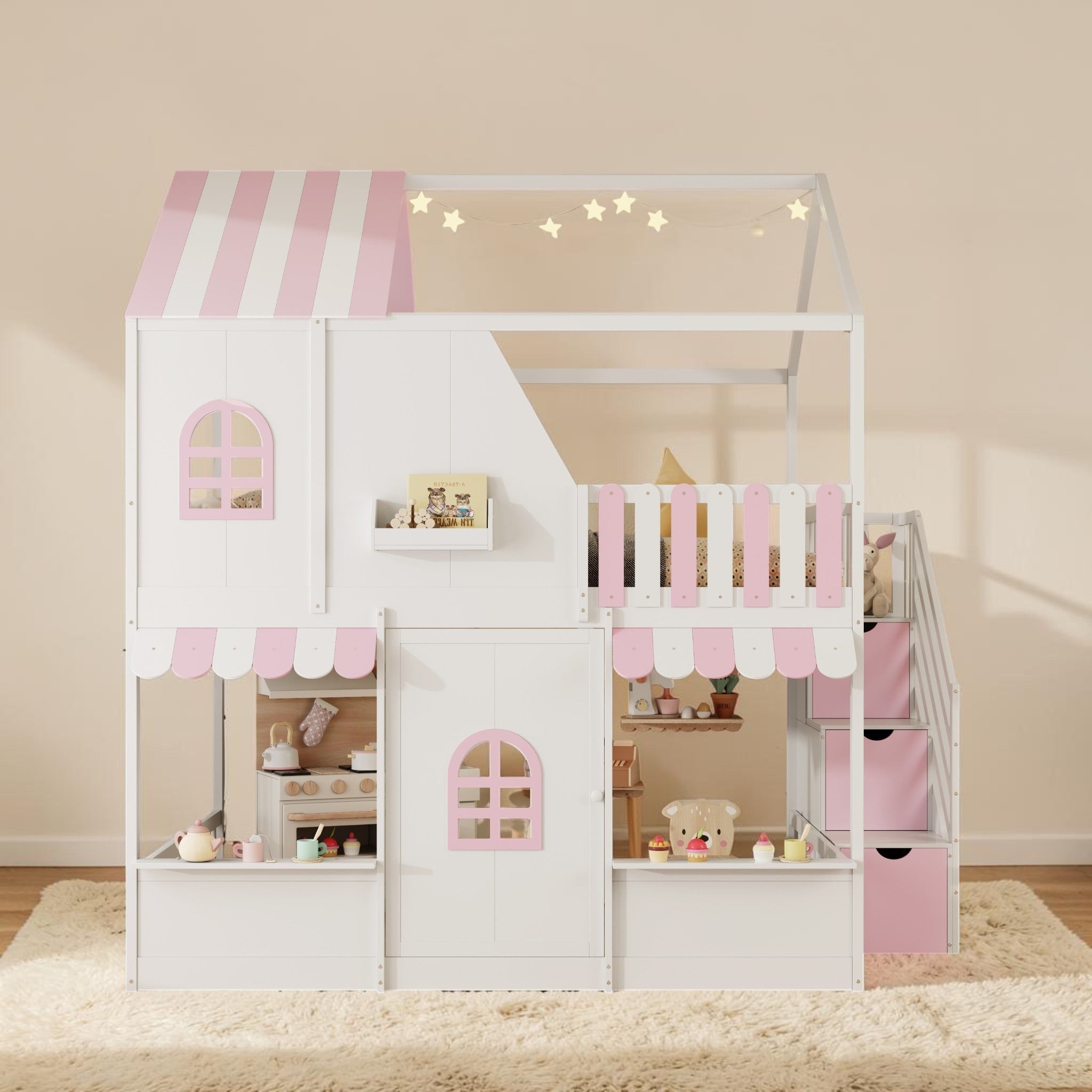 Full Over Full House Bunk Bed With Storage Stairs And Shelves Wooden Playhouse Bed With Roof
