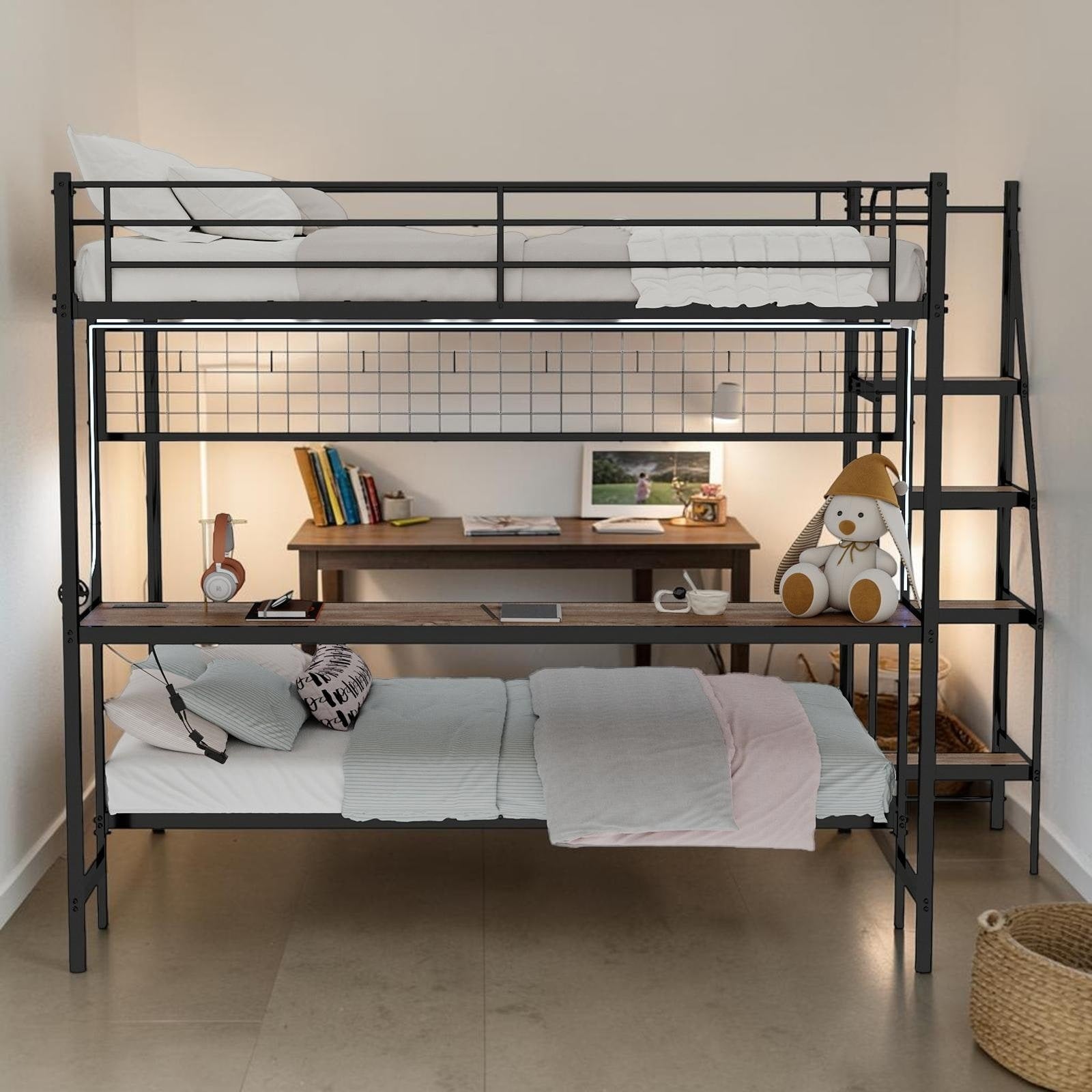 Full Over Twin Metal Bunk Bed With Desk And Led Light Loft Bed Frame With Storage Shelves Space Saving