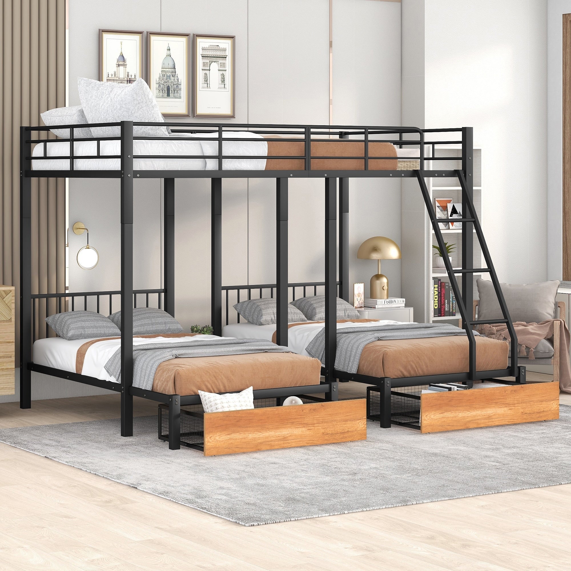 Full Over Twin Twin Bunk Bed Metal Triple Bunk Bed With Drawers And Guardrails