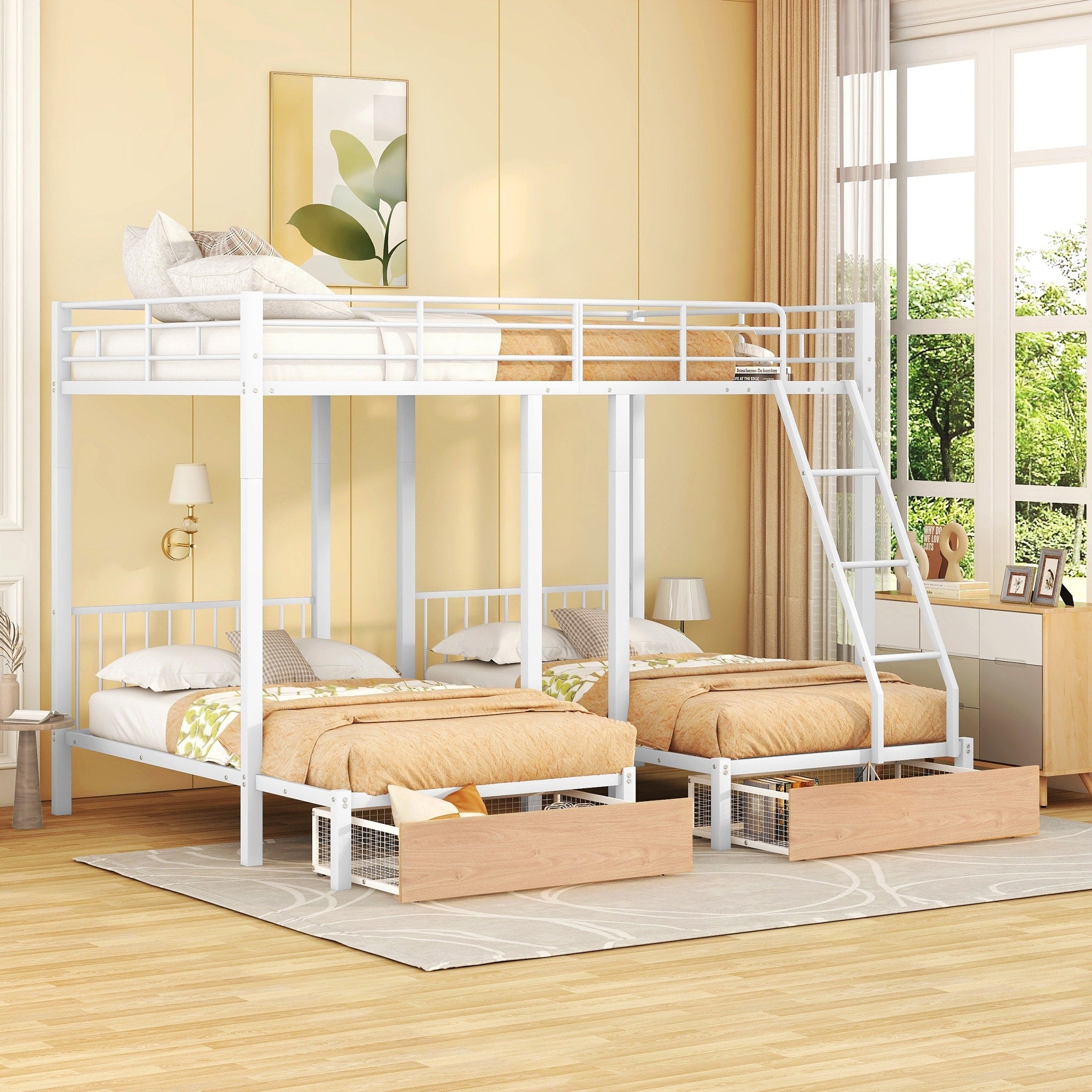 Full Over Twin Twin Metal Bunk Bed With Drawers And Guardrails