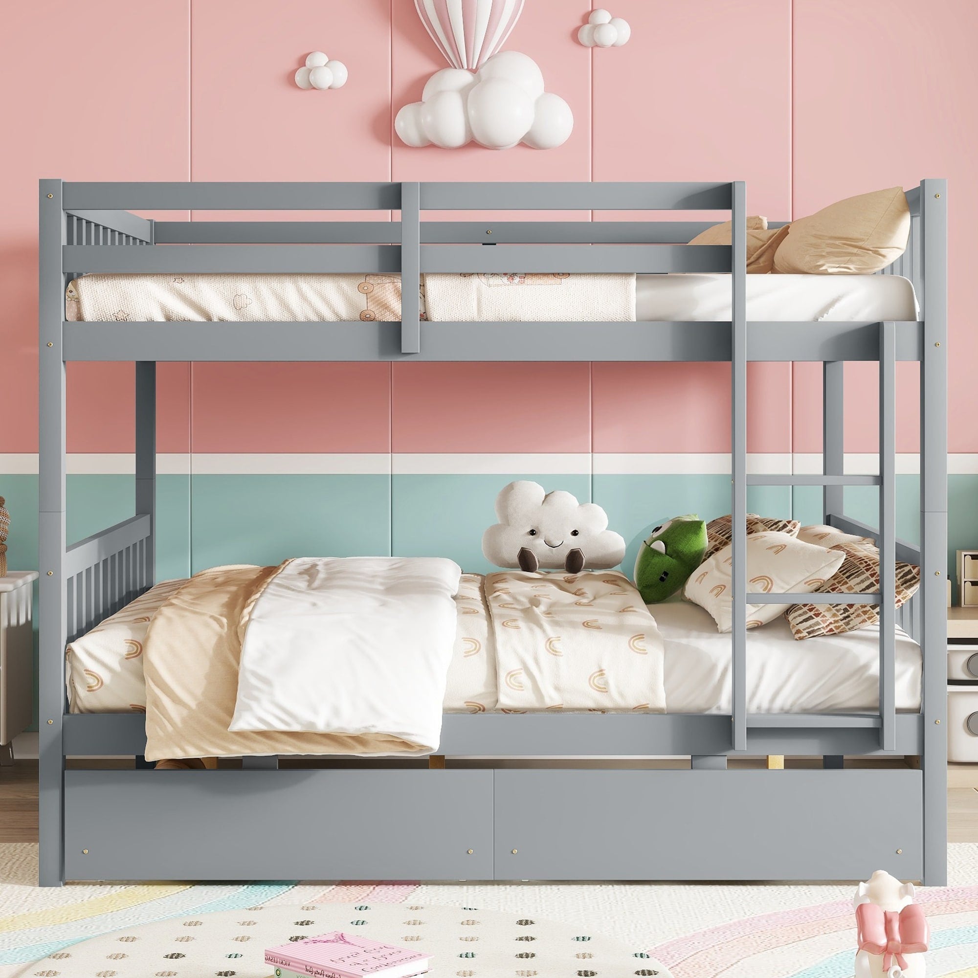Full Over Full Rubber Wood Bunk Bed With 2 Drawers Into 2 Full Beds Full Size Bunk Bed With Ladder And Safety Guardrails