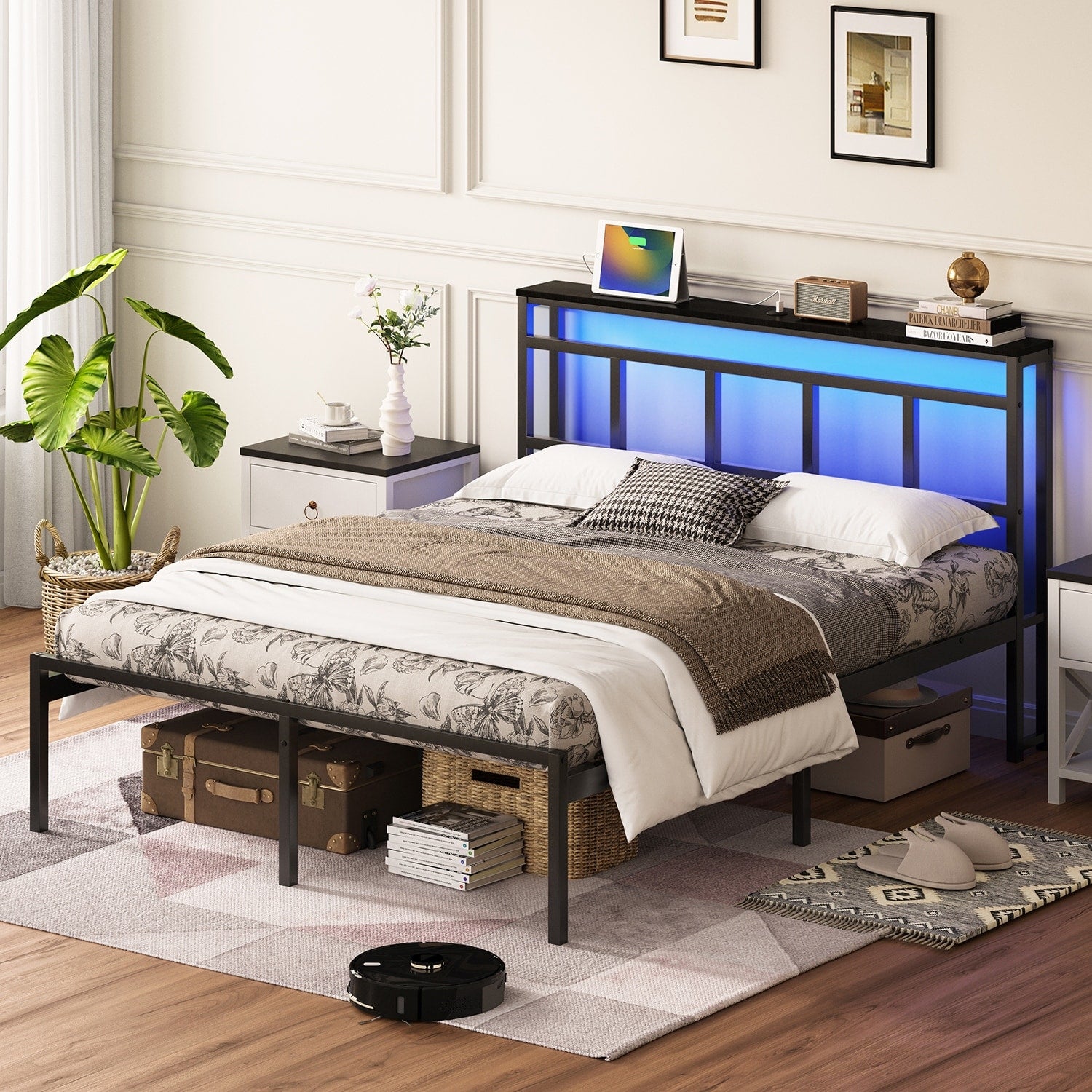 Full Platform Bed Frame With Storage Headboard Led Light