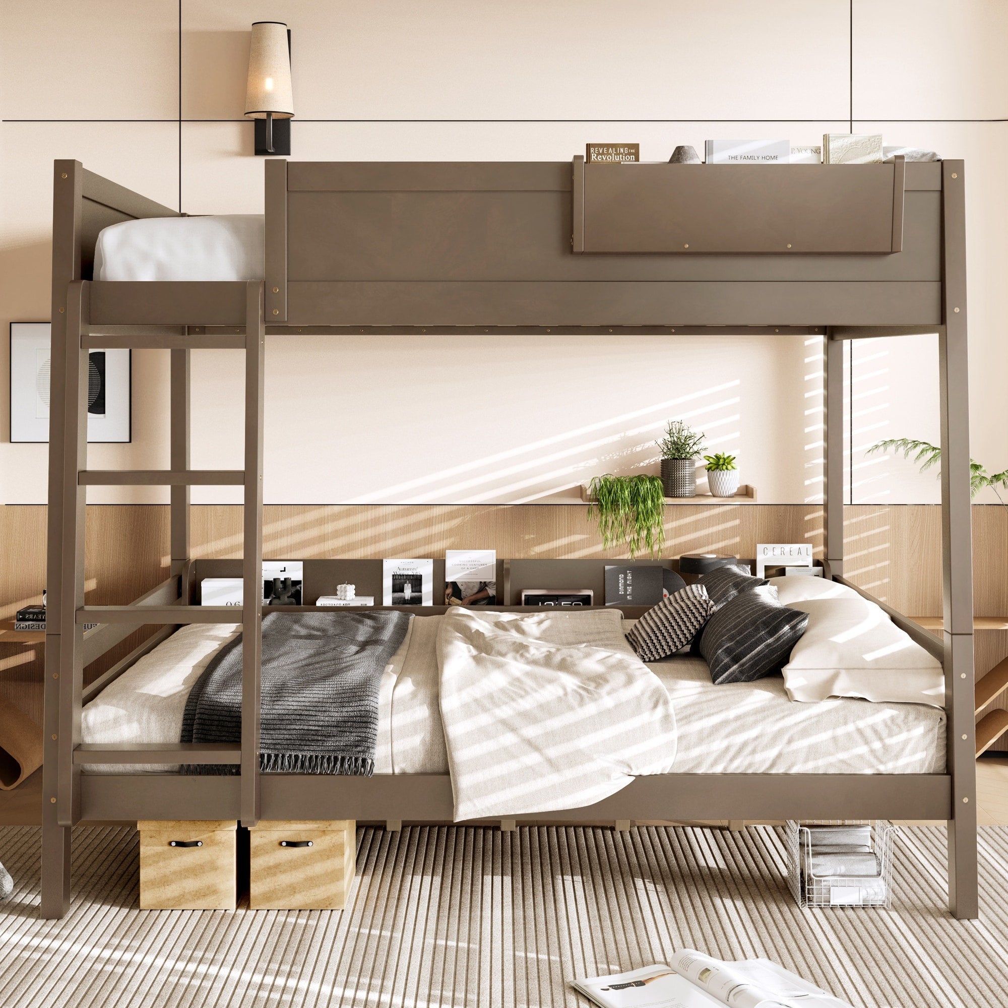 Full Queen Bunk Bed With Storage Shelf Bookshelf Ladder Detachable Design