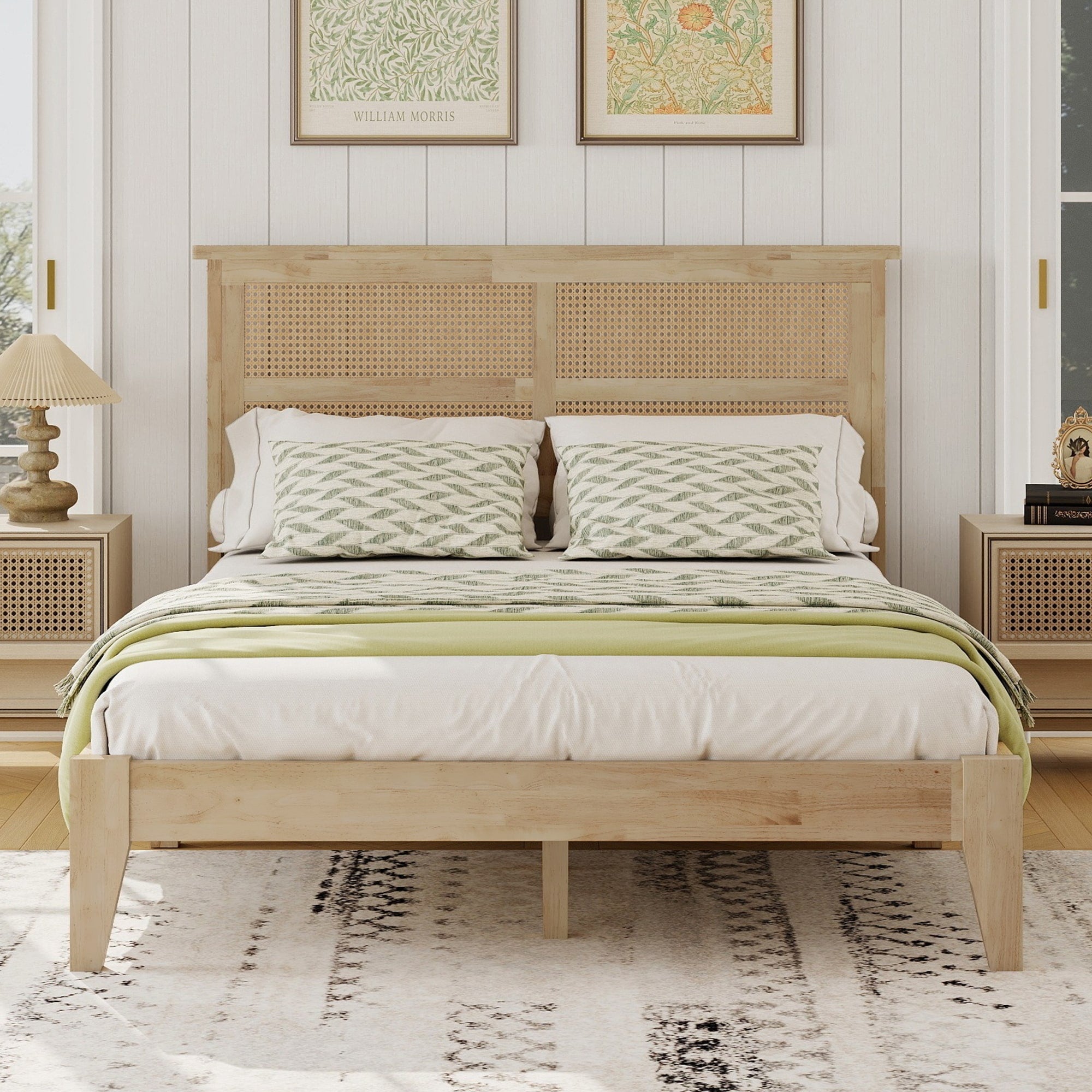 Full Queen King Size Solid Wood Bed With Unique Rattan Headboard And Central Support