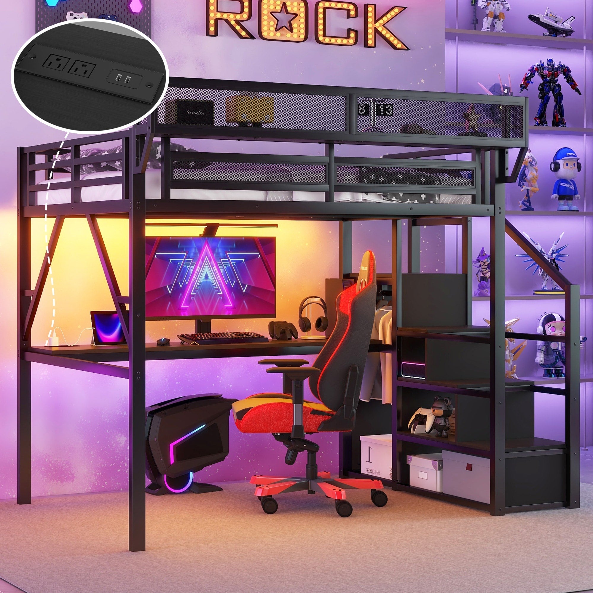 Full Queen Metal Loft Bed With Desk And Charging Station Heavy Duty Loft Bed With Stairs And Led Light