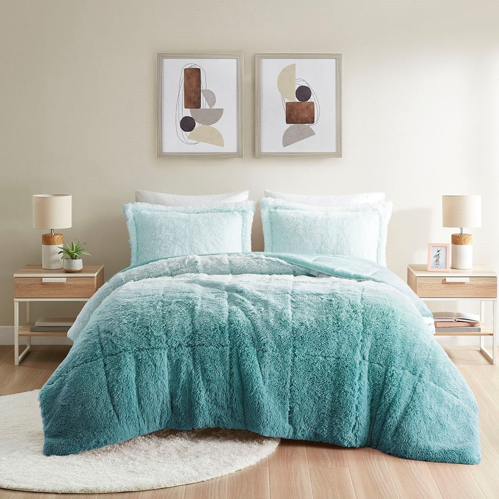 Full Queen Ombre Shaggy Long Fur Comforter Mini Set