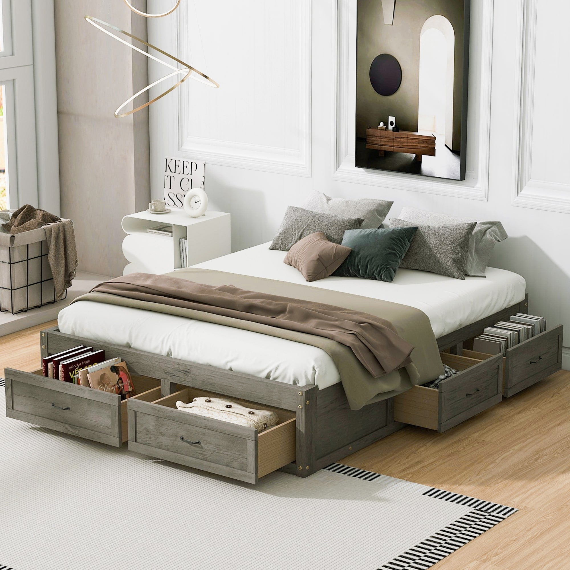 Full Queen Platform Bed With 6 Storage Drawers Antique Wood Durable Frame