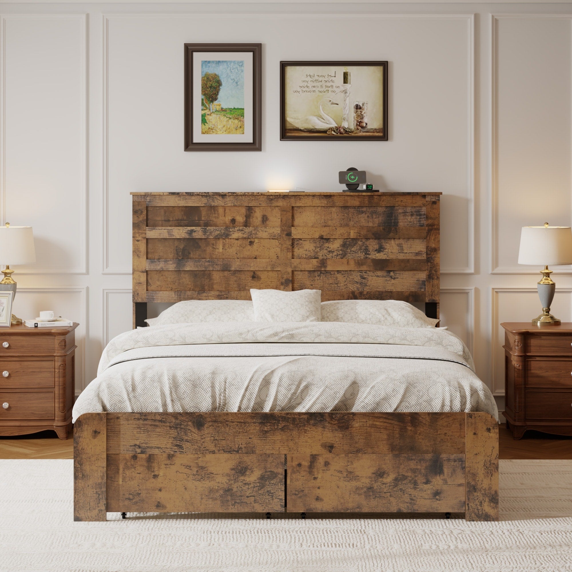 Full Queen Size Bed Frame With 2 Storage Drawers Usb Charging Headboard