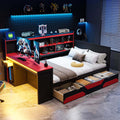 Full Queen Size Gaming Daybed With Desk Lights Storage Drawers Charging Station