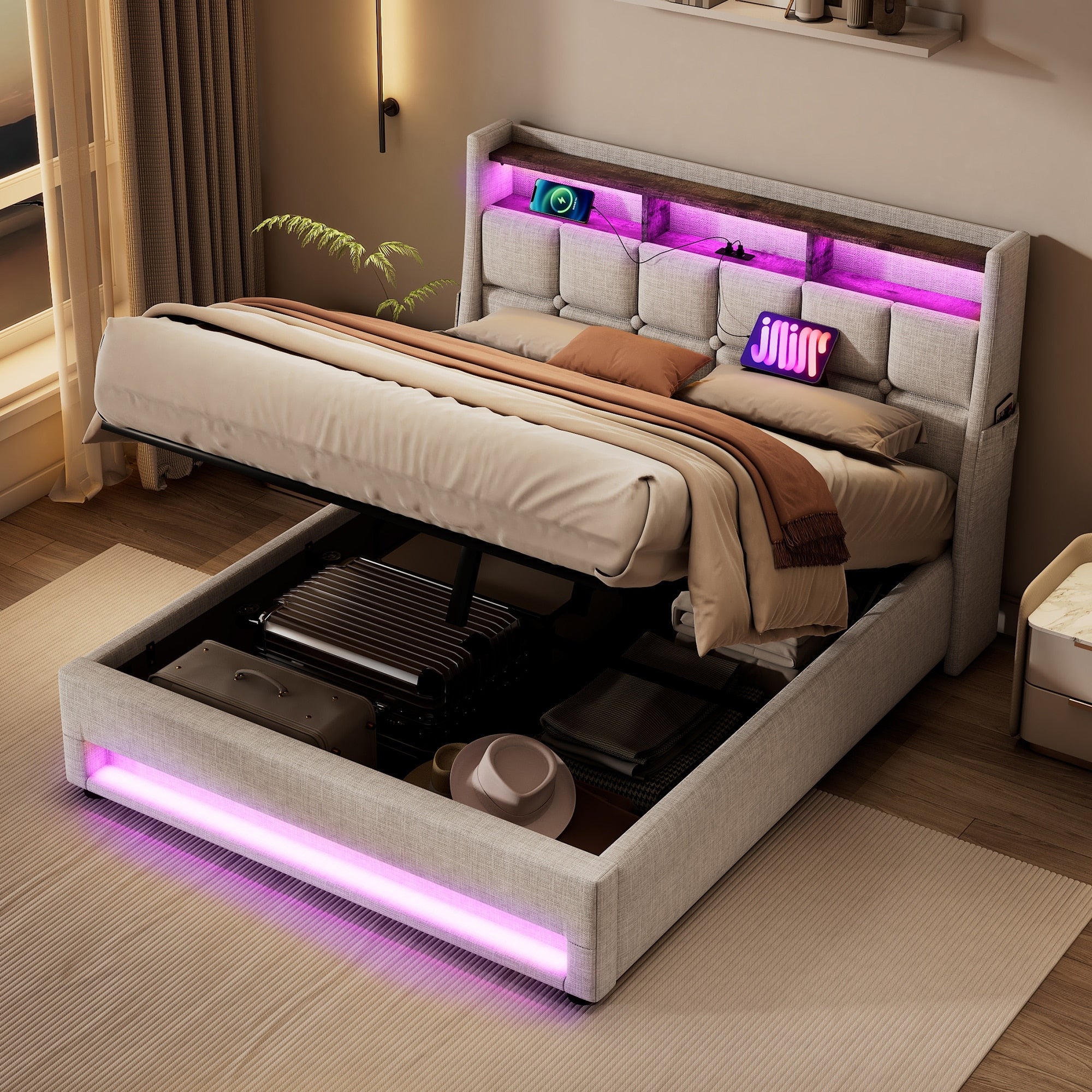 Full Queen Size Upholstered Platform Bed With Hydraulic Storage And Led Lighting