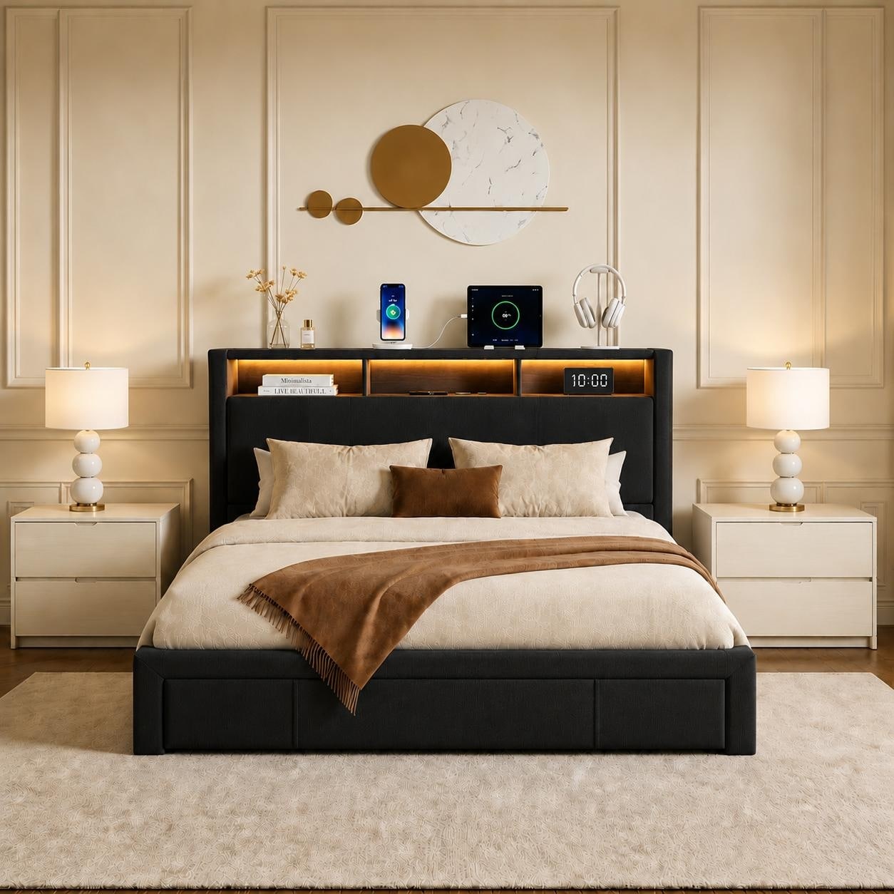 Full Queen Upholstered Bed With Storage Headboard Led Light And Charging Station