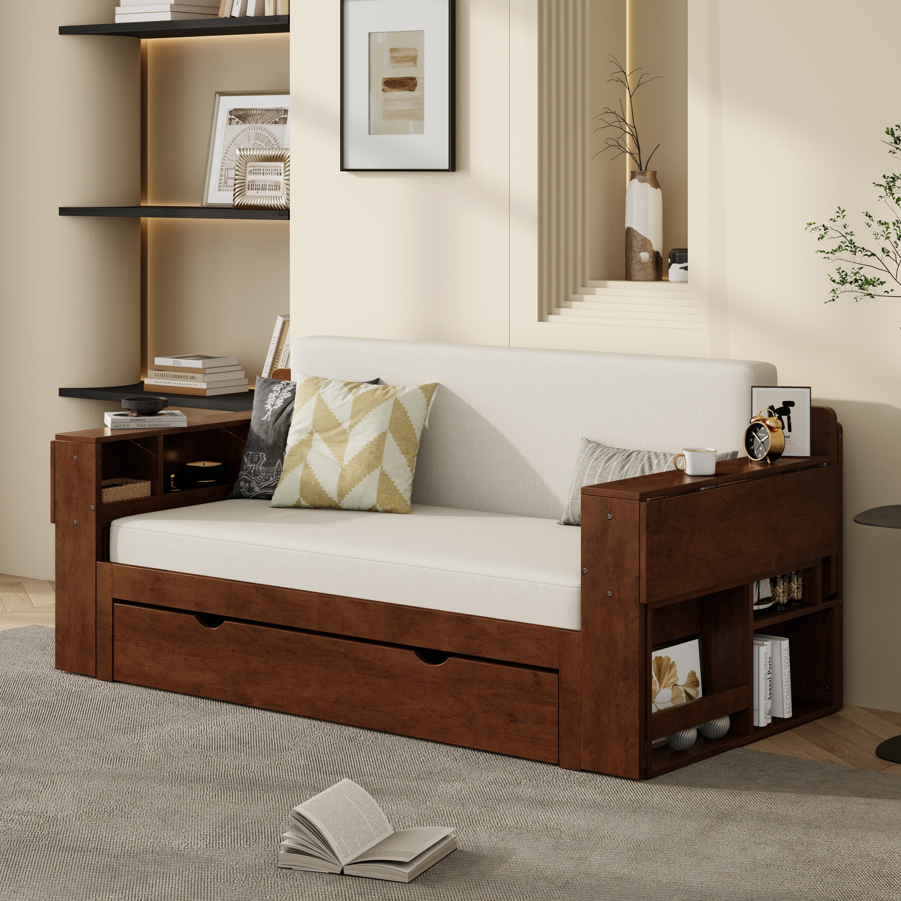 Full Size 4 In 1 Daybed With Desk Storage Drawers Hydraulic Armrests