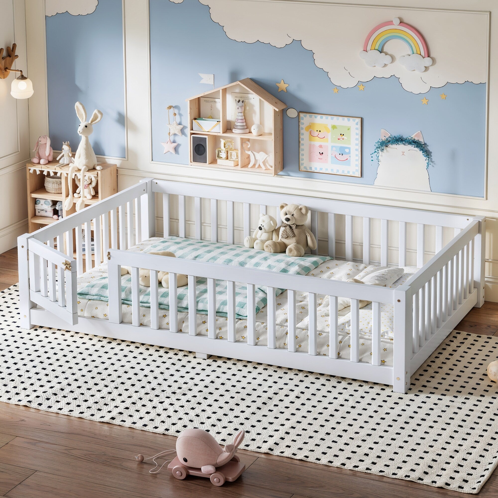 Full Size Bed Floor Bed With Safety Guardrails And Door For Kids