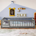 Full Size Bed Floor Bed With Safety Guardrails And Door For Kids Wood Grain