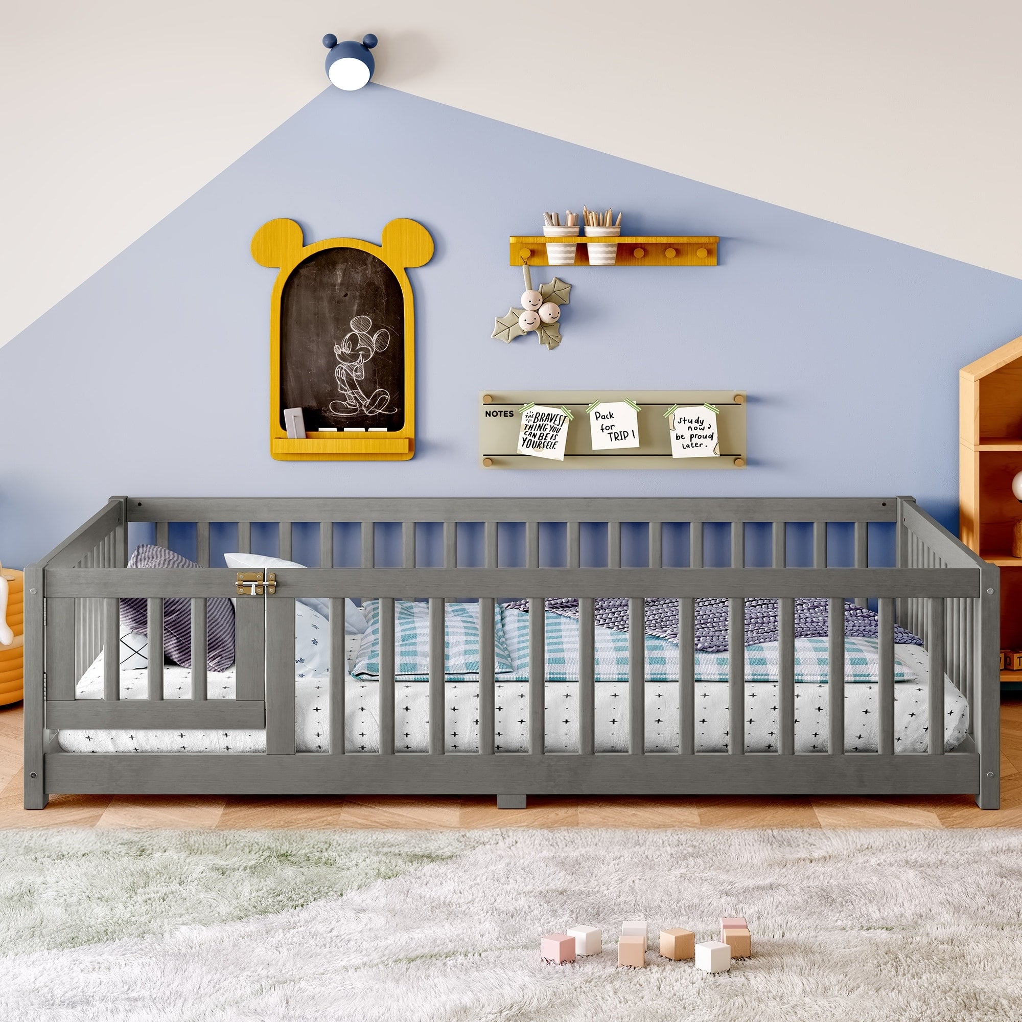 Full Size Bed Floor Bed With Safety Guardrails And Door For Kids Wood Grain
