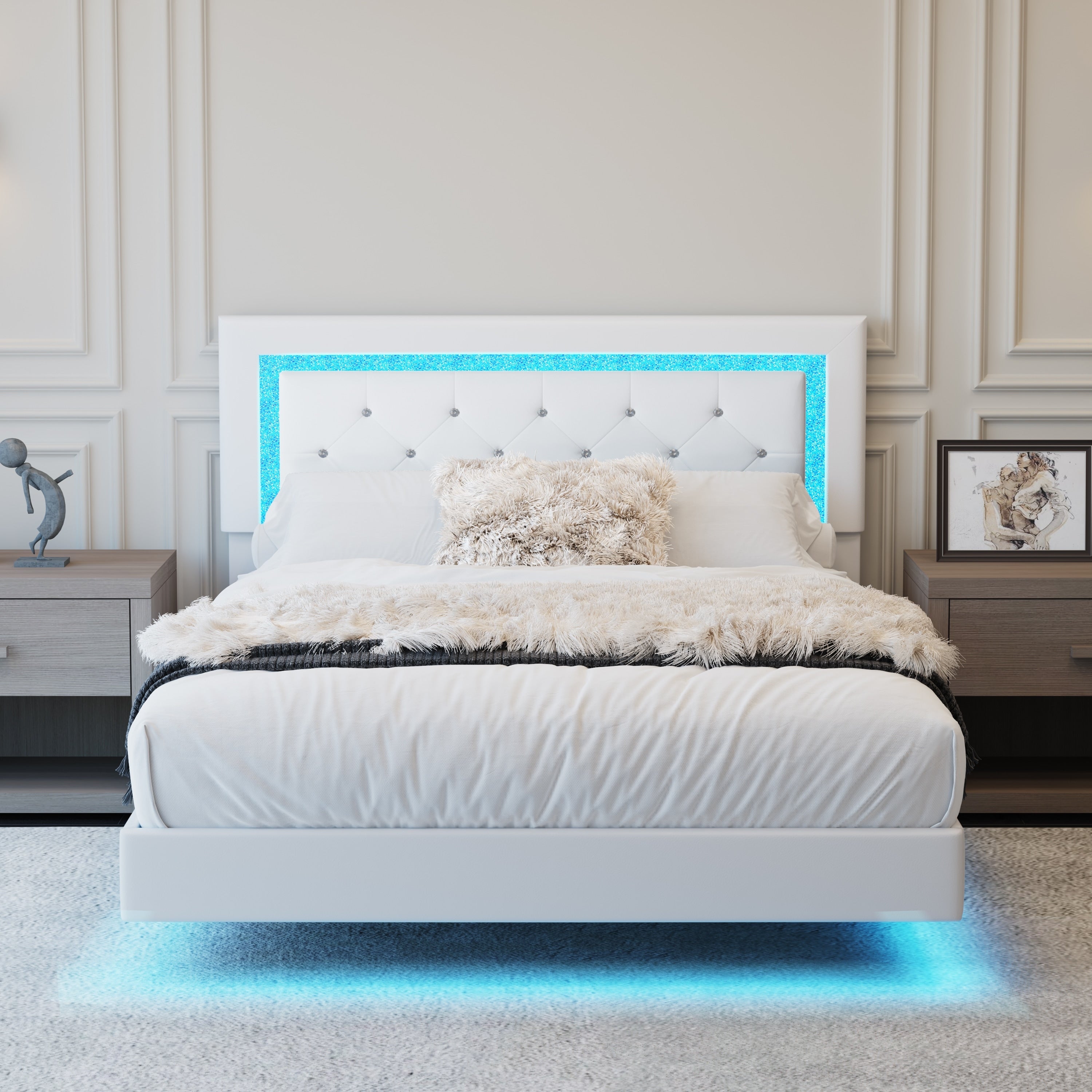 Full Size Bed Frame With Headboard Floating Bed Frame With Led Lights Upholstered Platform Bed With Diamond Tufted Headboard