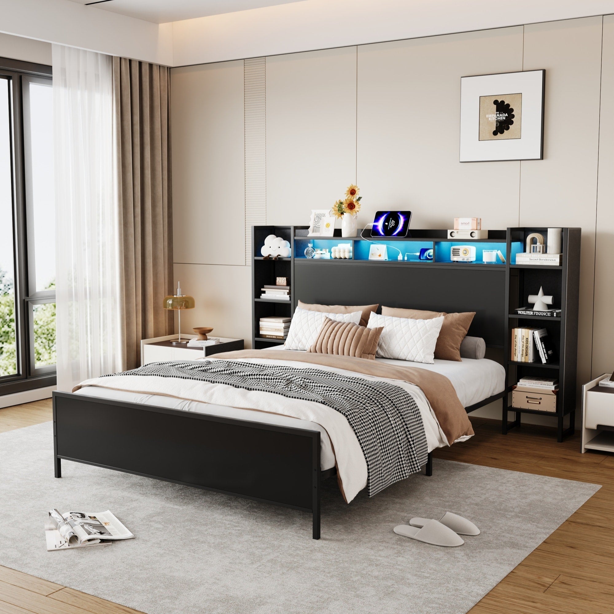 Full Size Bed Frame With Usb Charging Station Storage Headboard And With Led Light Heavy Duty Metal Platform Bed Frame
