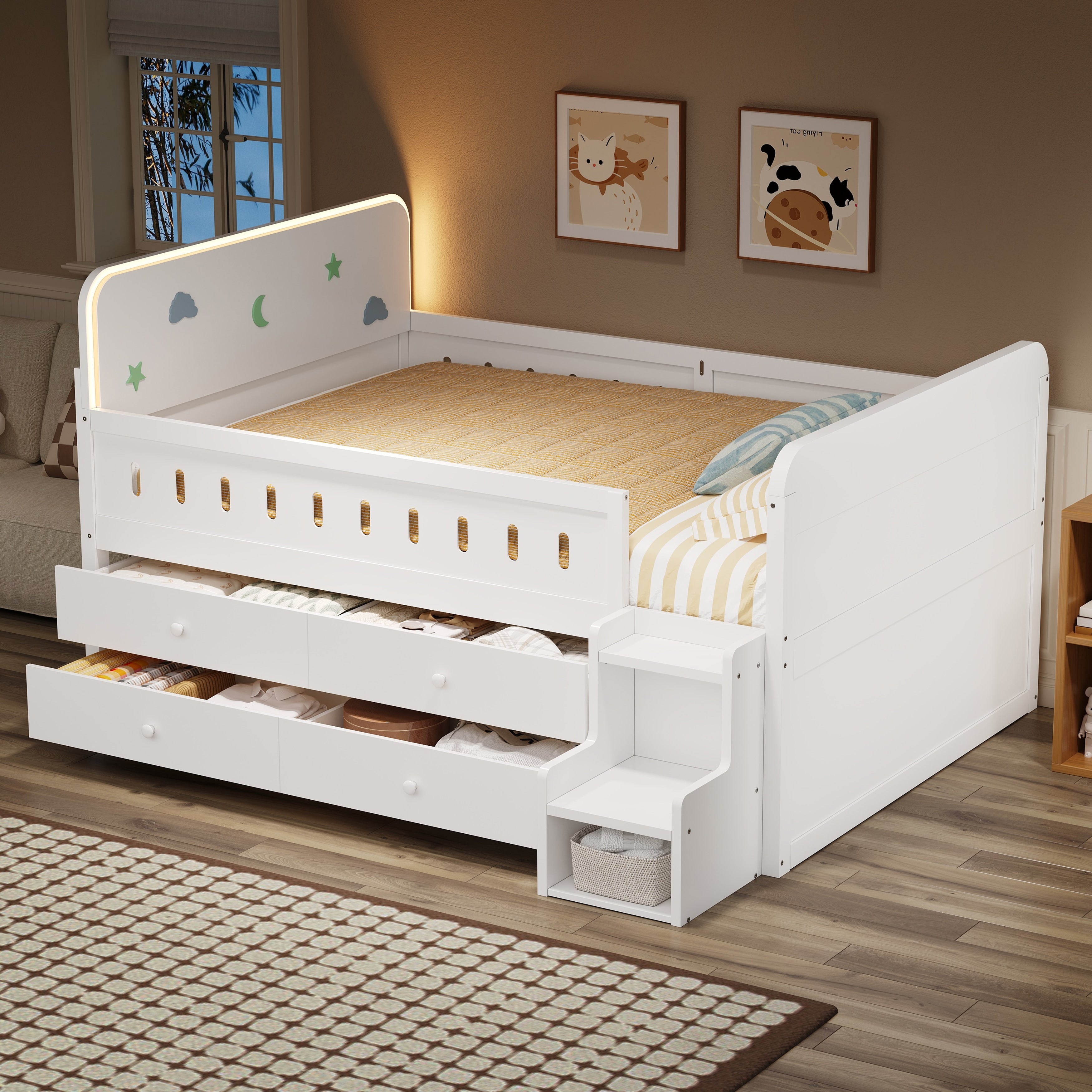 Full Size Bed With Led Lights Storage Drawers And Functional Ladder