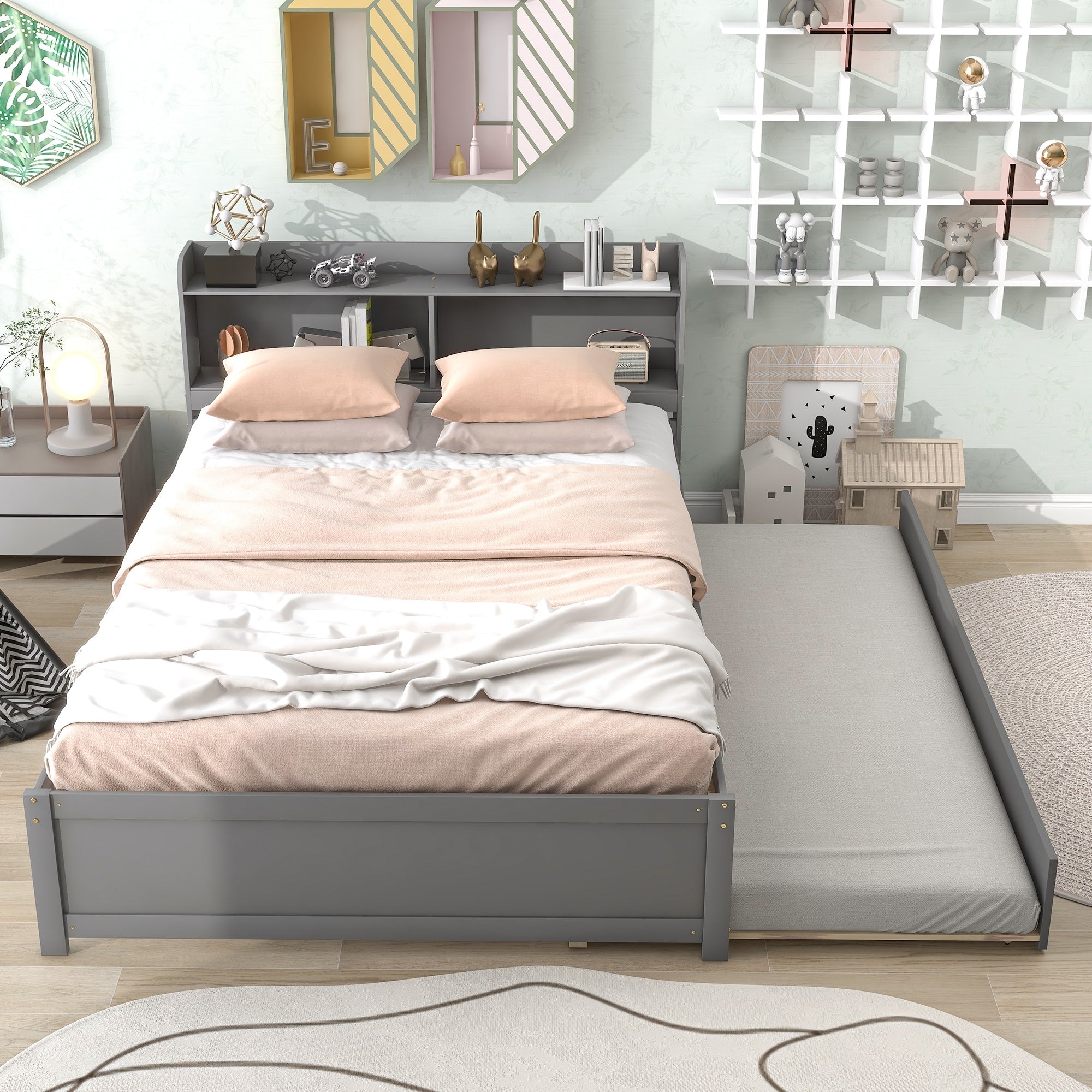 Full Size Bed With Trundle And Bookcase Headboard