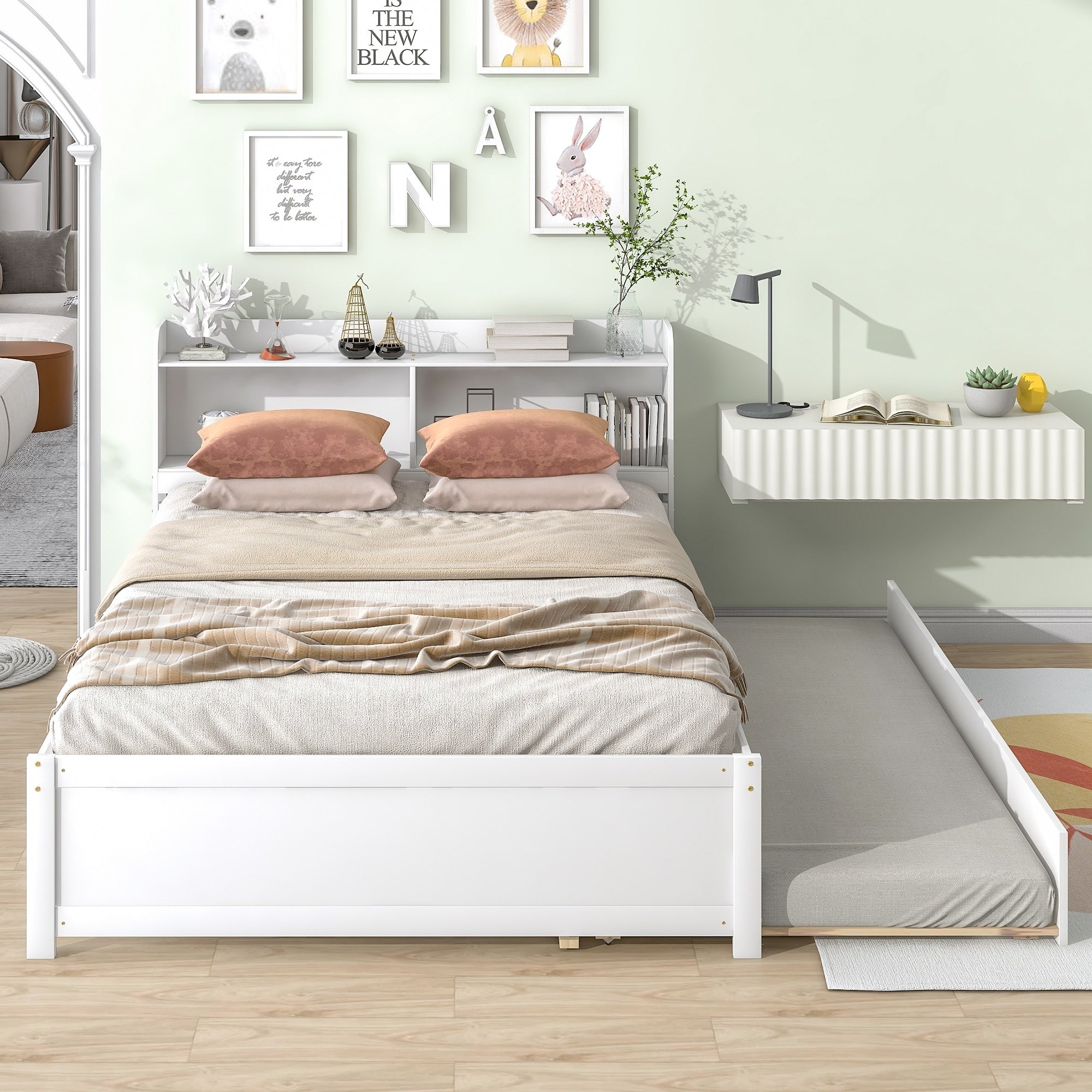 Full Size Bed With Trundle And Bookcase Headboard Storage Design