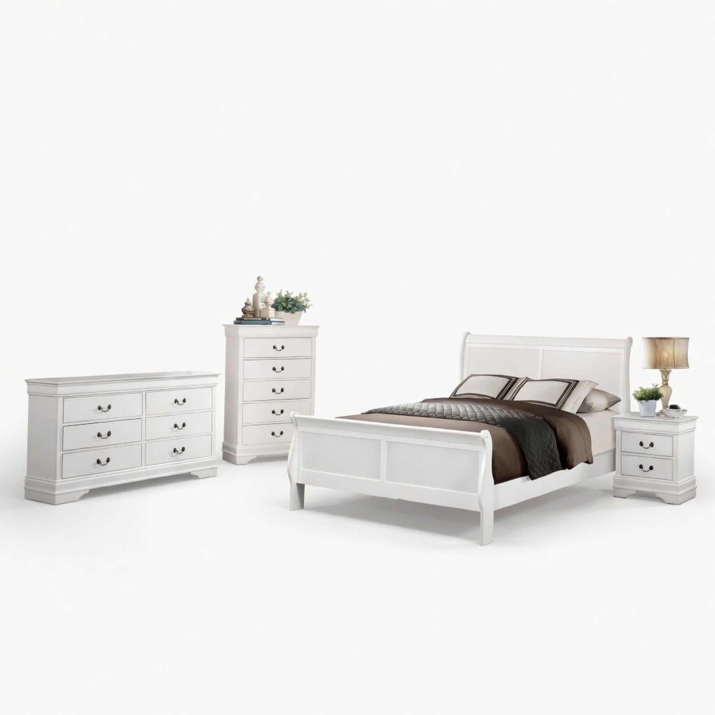 Full Size Bedroom Set Traditional Carved Wood Design White Finish 4 Piece Set With Bed Nightstands And Dresser
