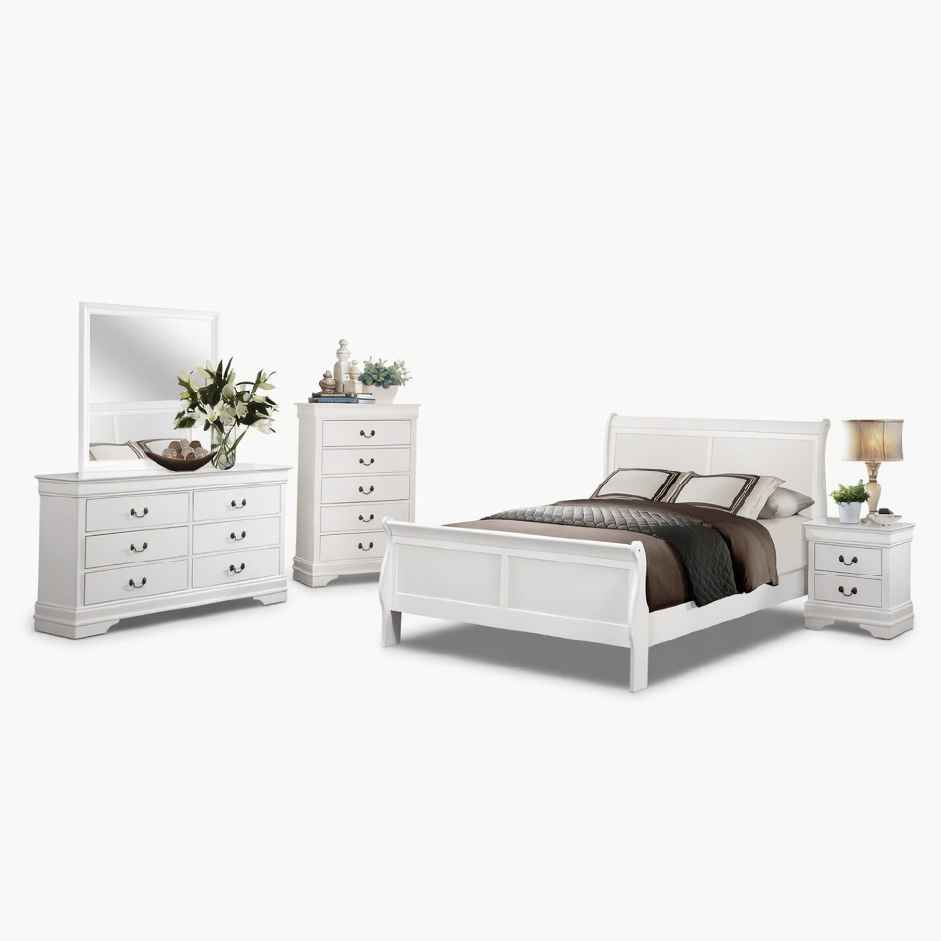 Full Size Bedroom Set White Finish 5 Piece Set With Bed Dresser Mirror Chest And Nightstand