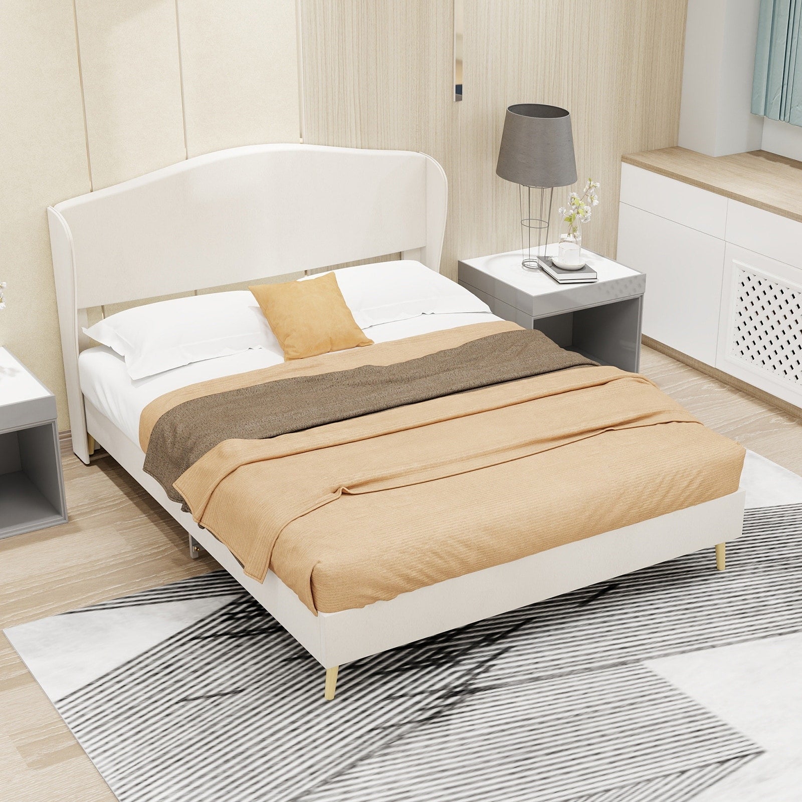 Full Size Beige Upholstered Platform Bed Frame With Headboard For Bedroom