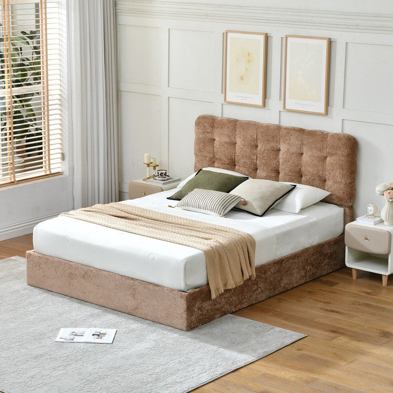 Full Size Boucle White Velvet Lift Up Storage Platform Bed