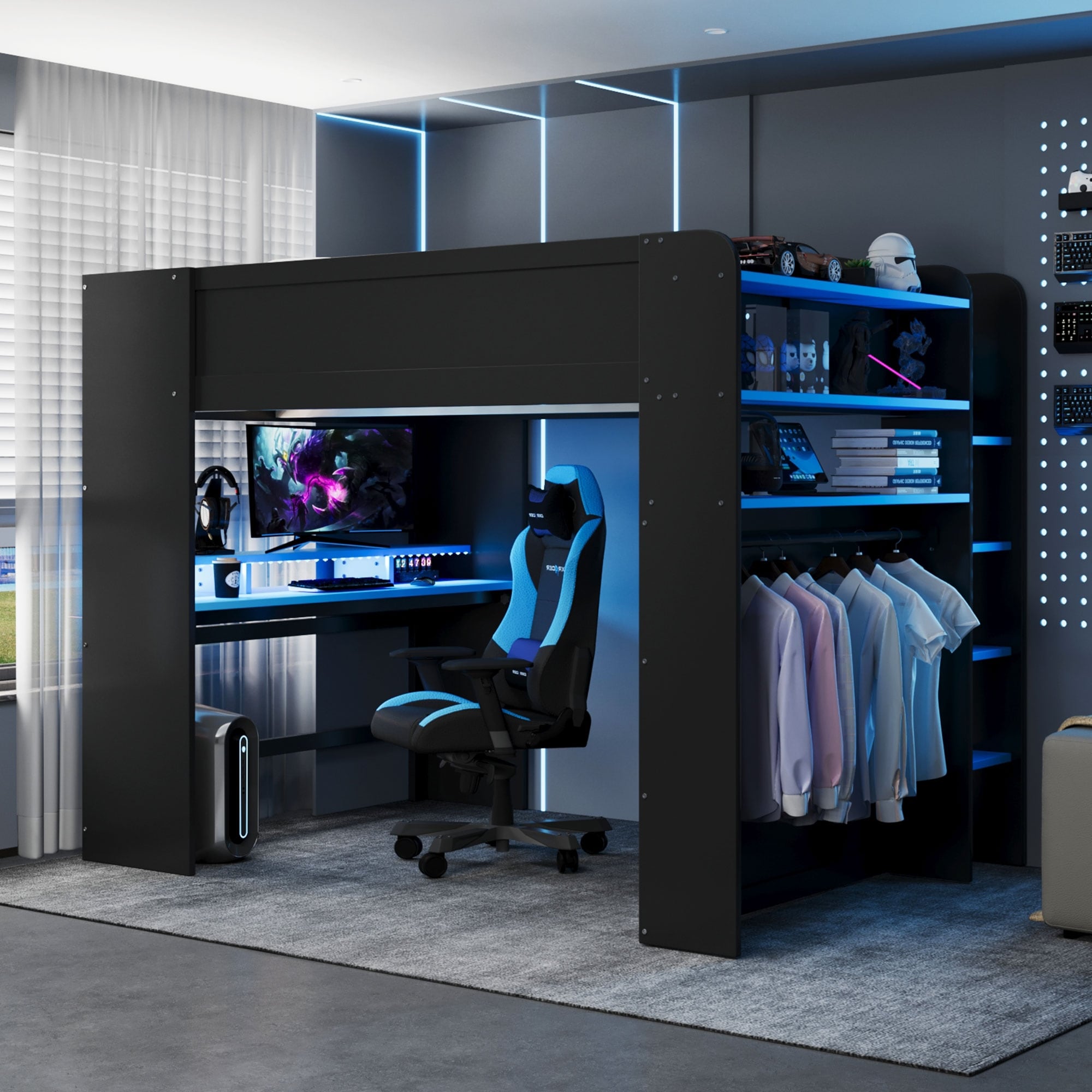 Full Size Bunk Bed With Adjustable Desk Wardrobe Rgb Lighting And Storage