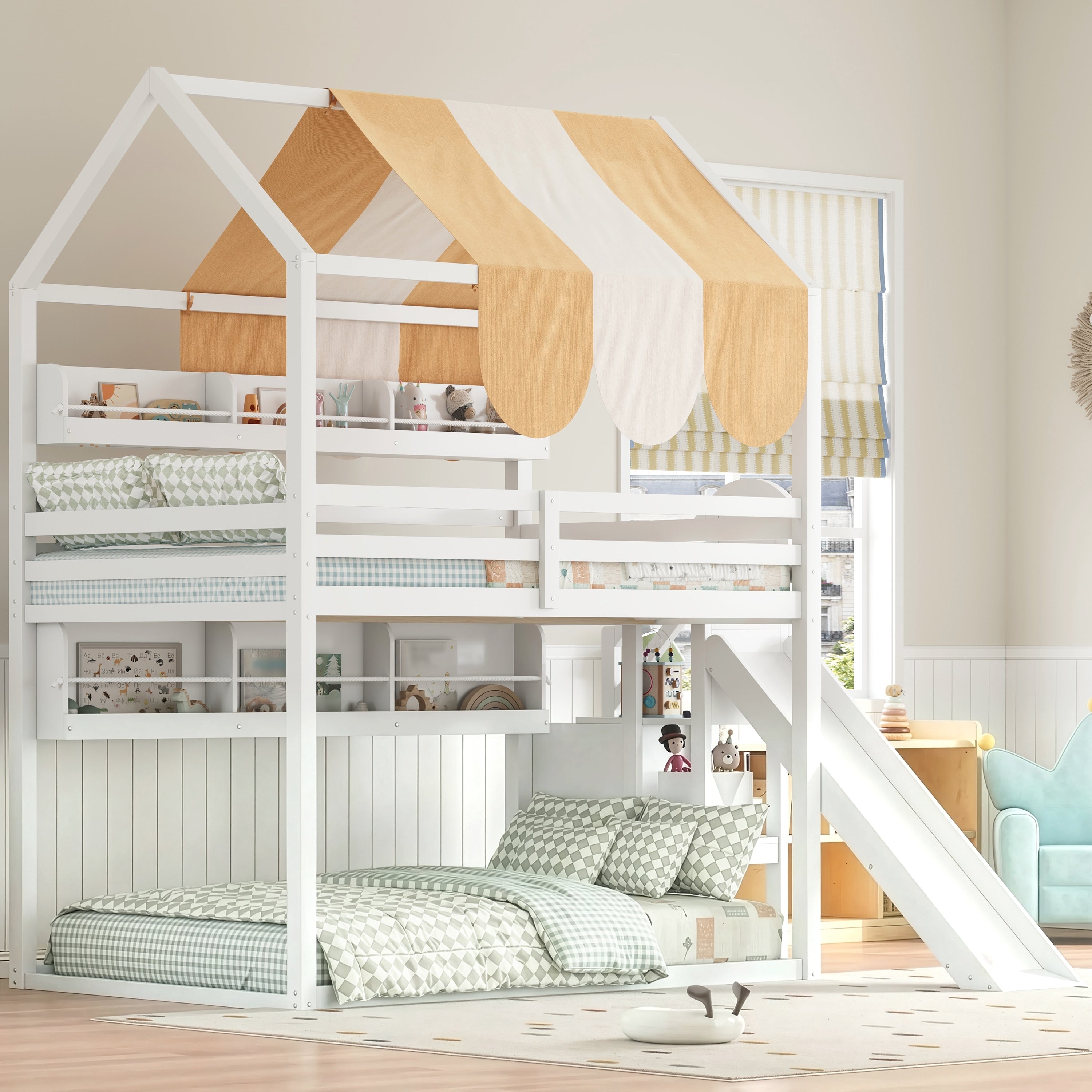 Full Size Bunk Bed With Canopy Slide Bookshelves Safety Guardrails