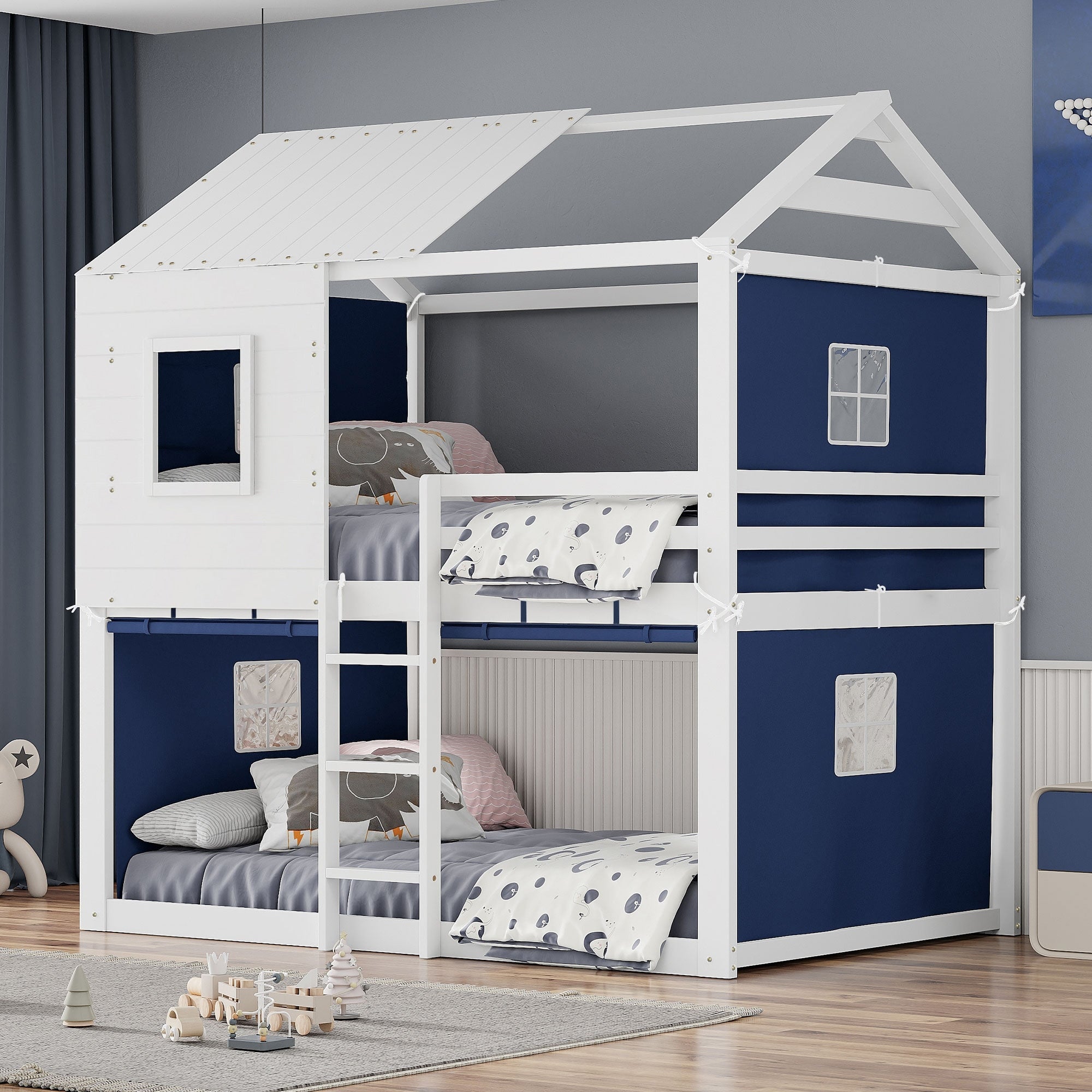 Full Size Bunk Bed With Playhouse Tent Solid Pine Wood Frame And Window Design