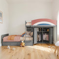 Full Size Bunk Bed With Wardrobe And Drawers Storage Bed With Hanging Rod Upholstered Guardrail Kids Bed
