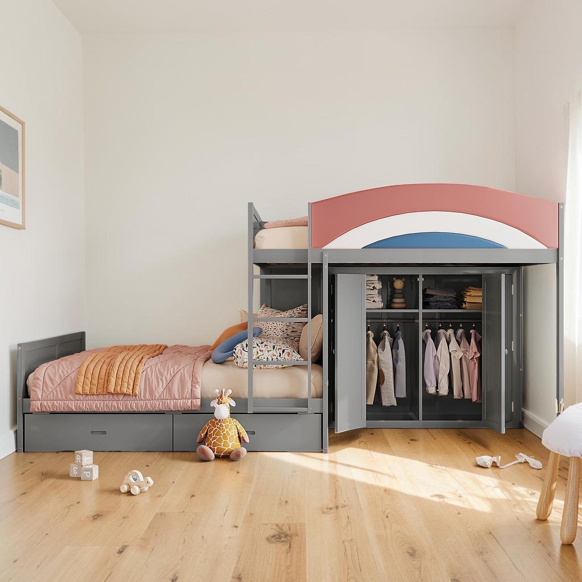 Full Size Bunk Bed With Wardrobe And Drawers Storage Bed With Hanging Rod Upholstered Guardrail Kids Bed