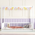 Full Size Canopy Frame Rubber Wood Floor Bed With Fence Guardrails