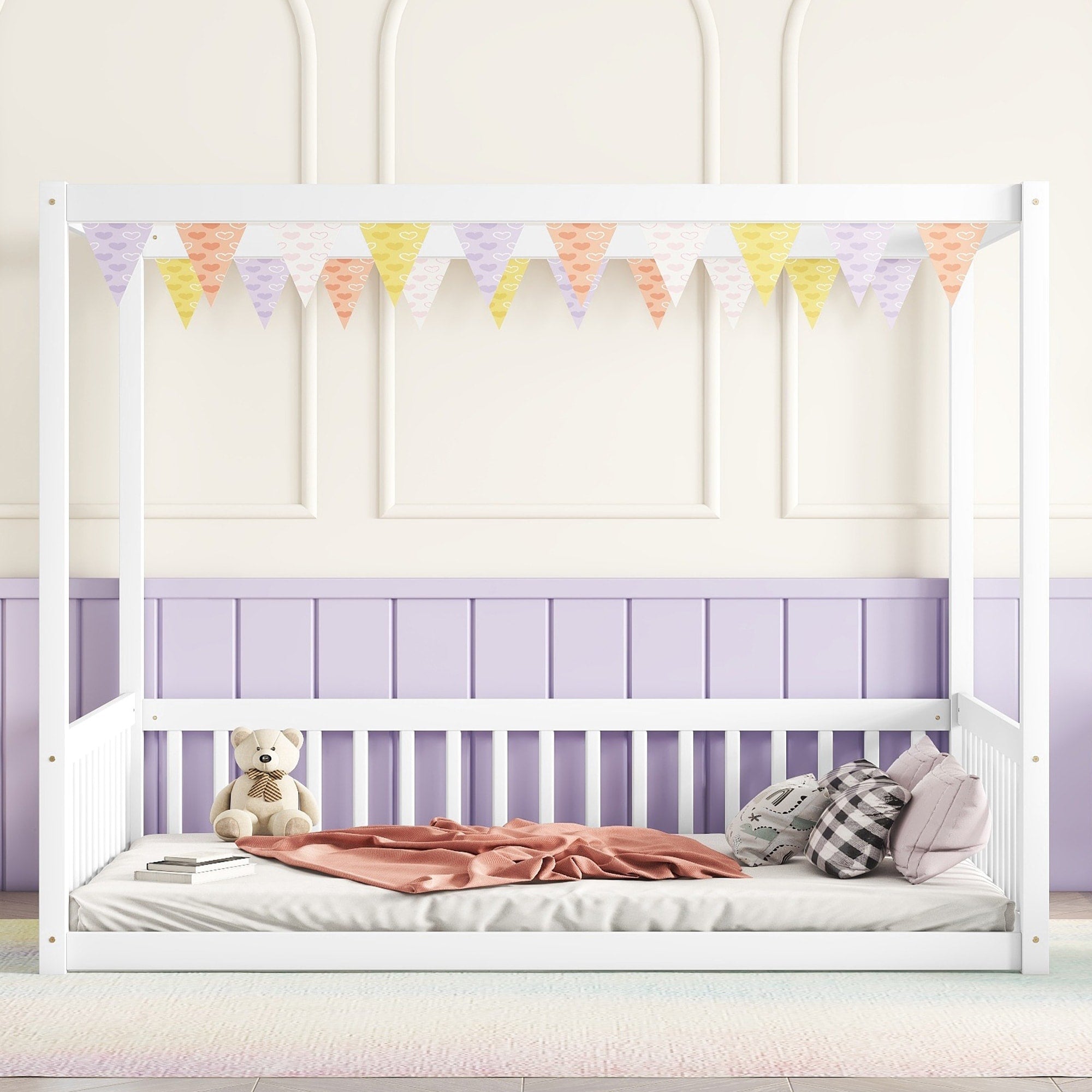 Full Size Canopy Frame Rubber Wood Floor Bed With Fence Guardrails