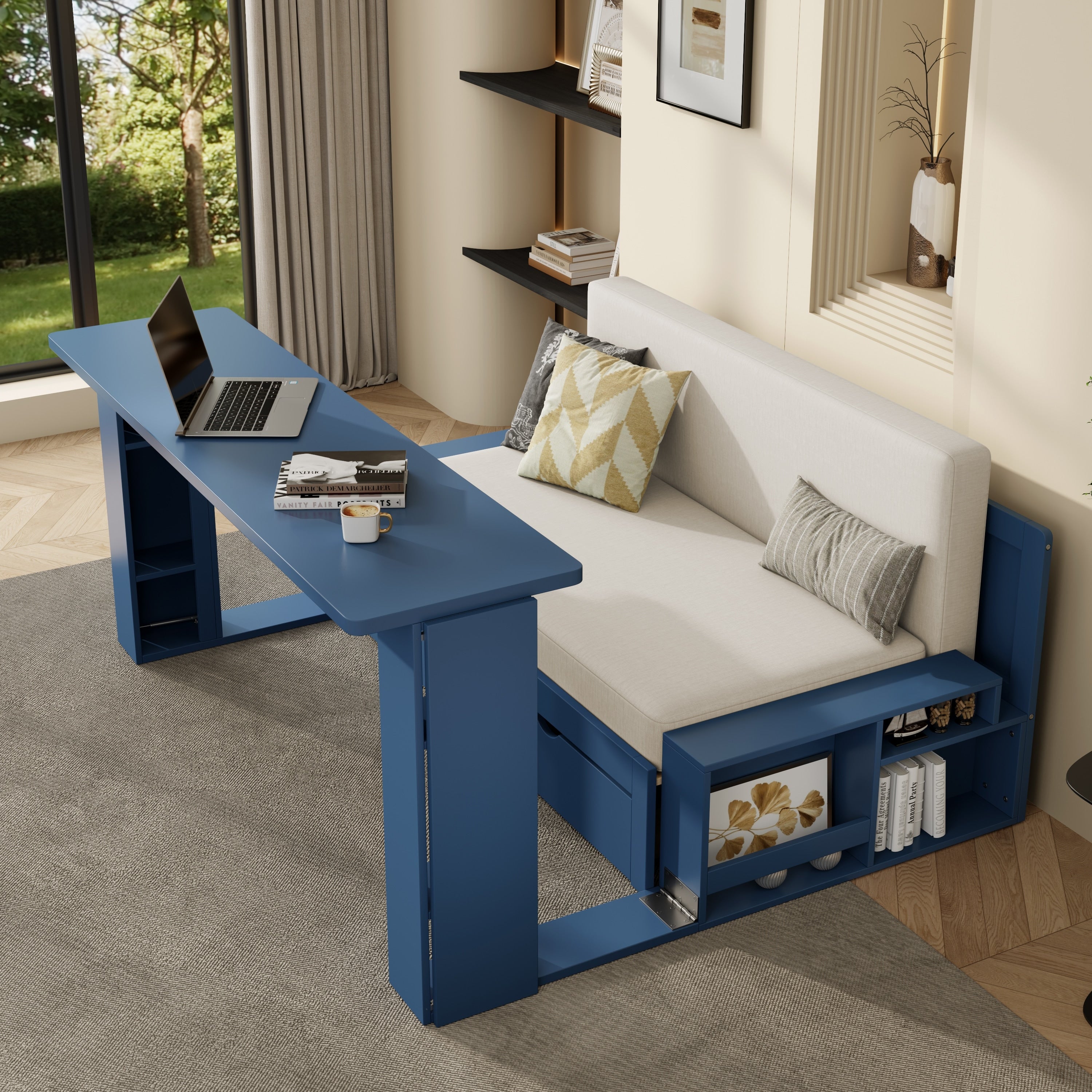 Full Size Daybed Platform Bed Frame With Removable Desk Side Table