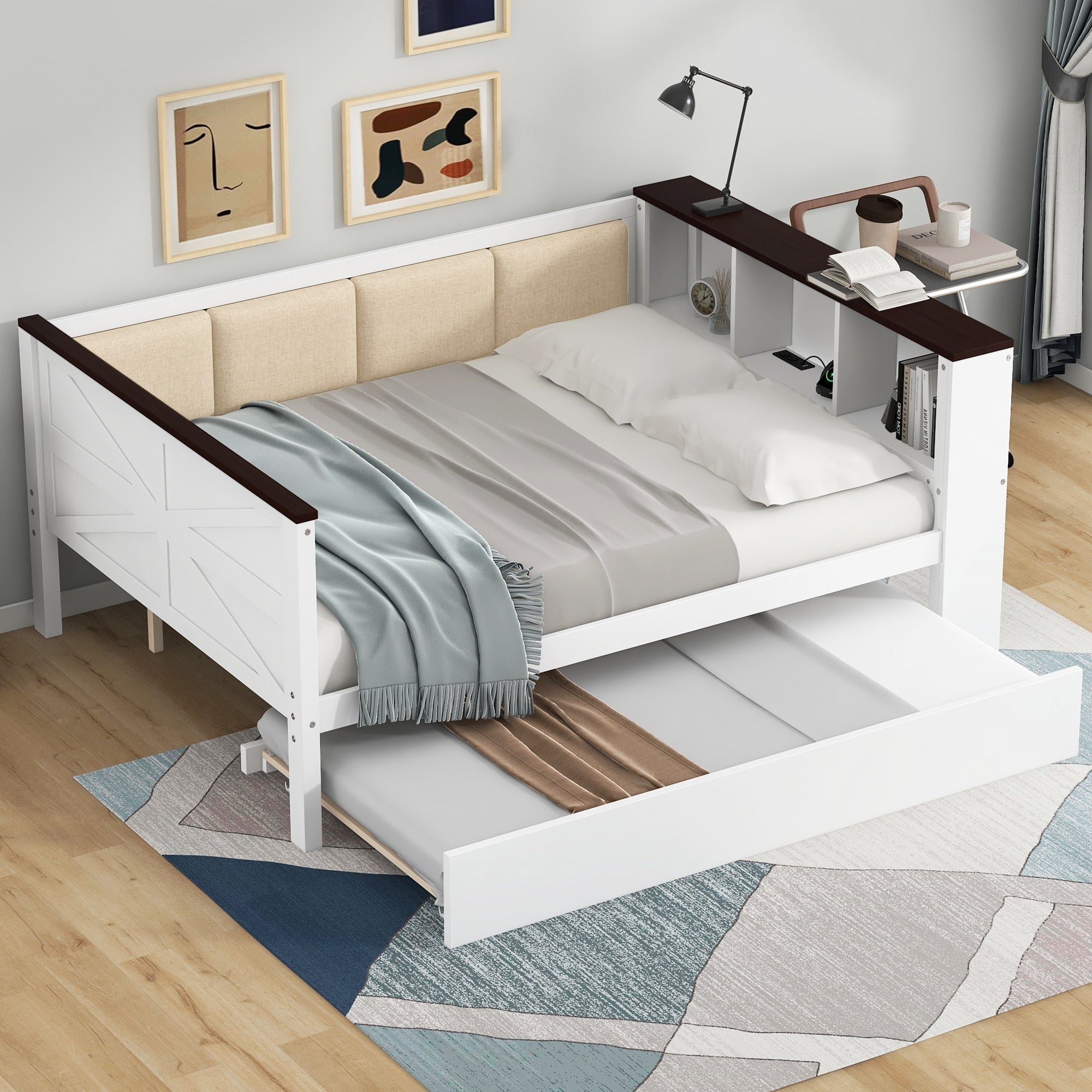 Full Size Daybed Platform Bed Frame With Storage Shelves Trundle Bed