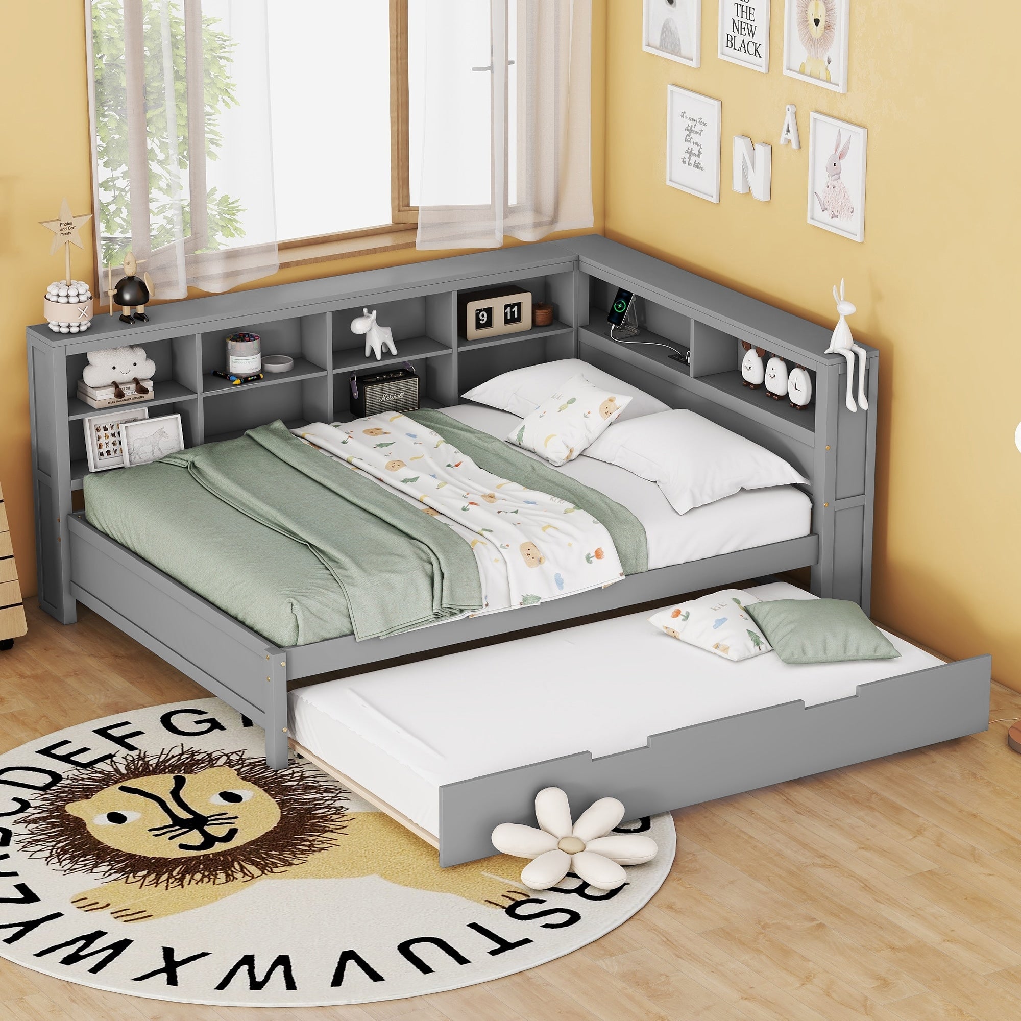 Full Size Daybed Platform Bed Frame With Trundle Bed Storage Shelf