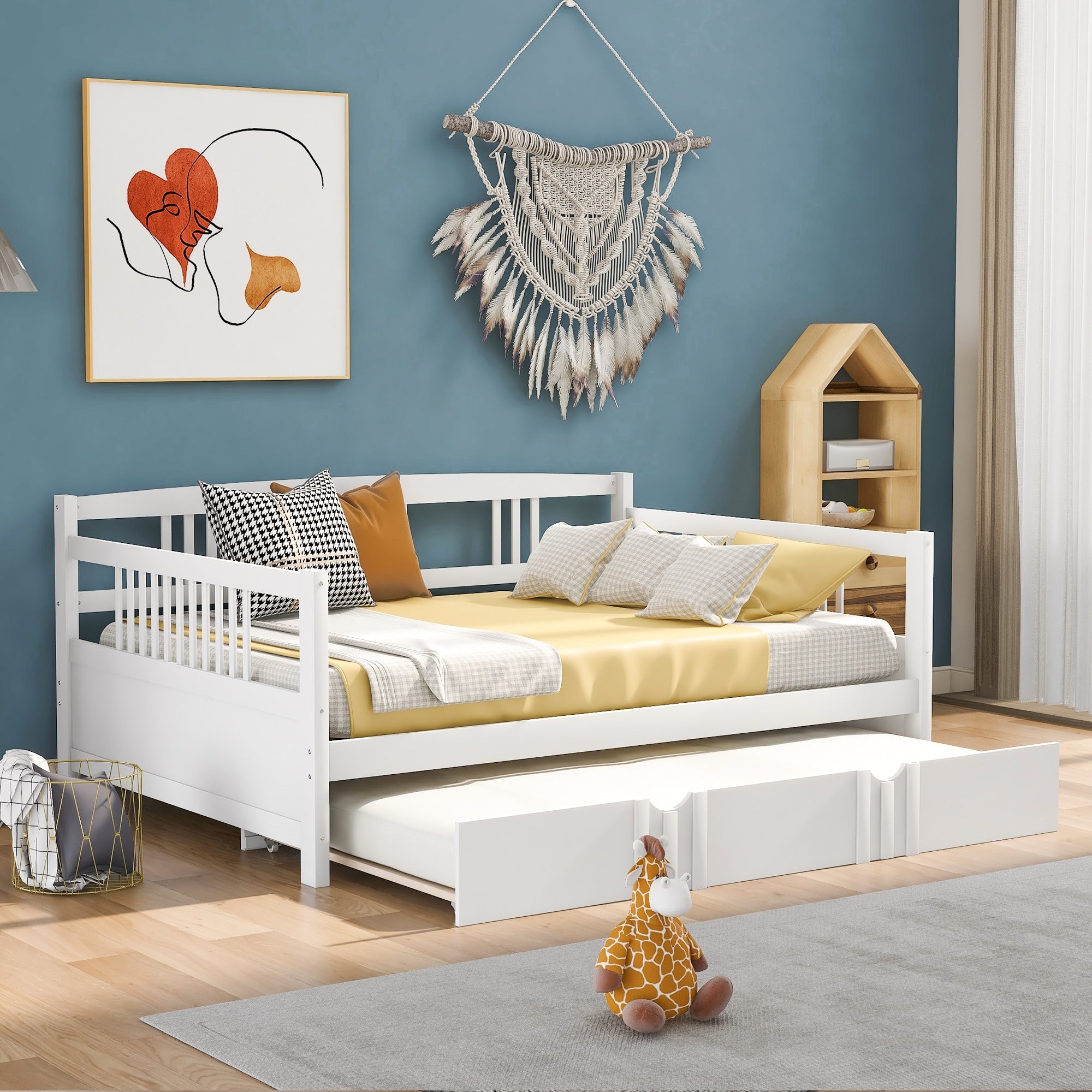 Full Size Daybed Wood Bed With Twin Size Trundle White