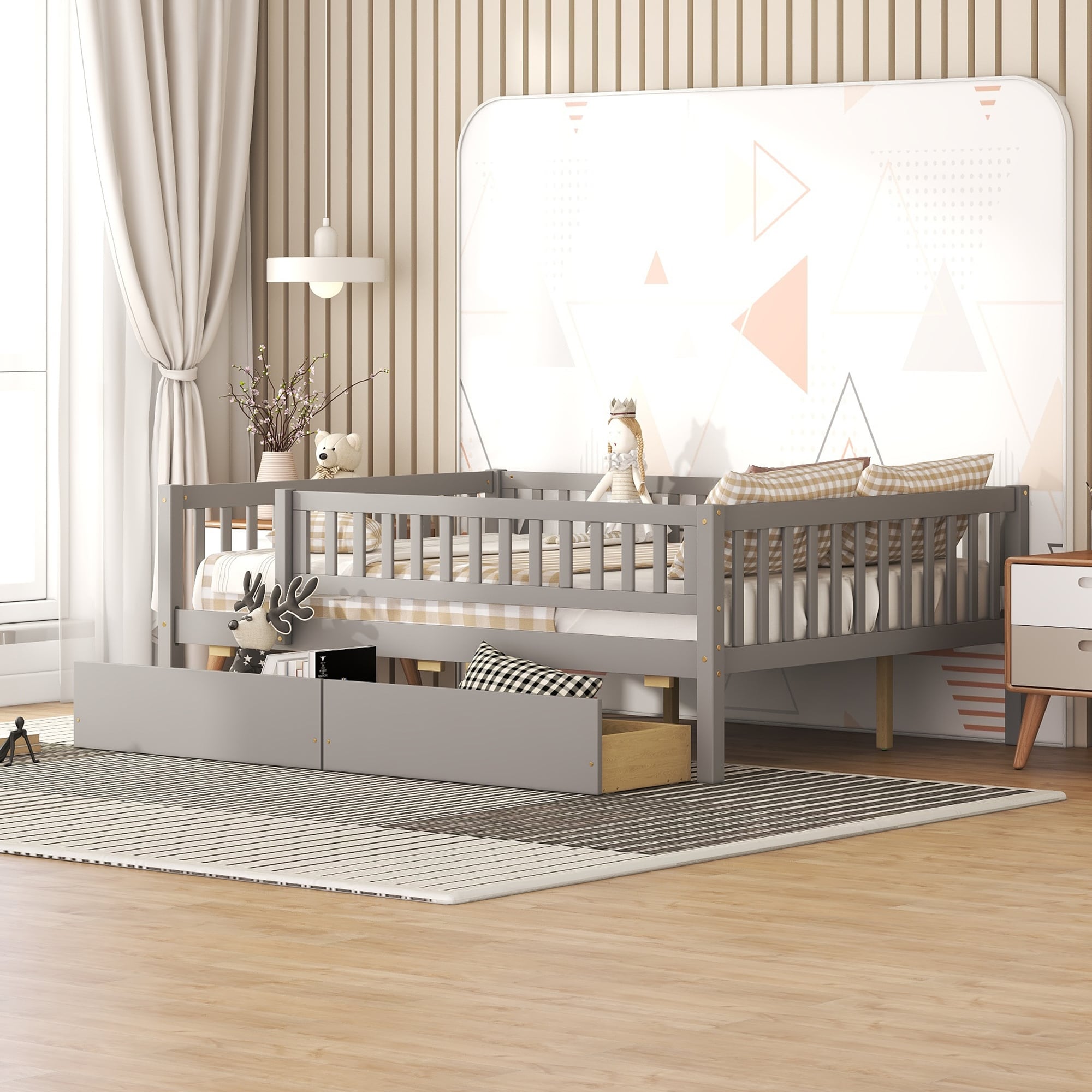 Full Size Daybed Wood Bed With Two Drawers Gray