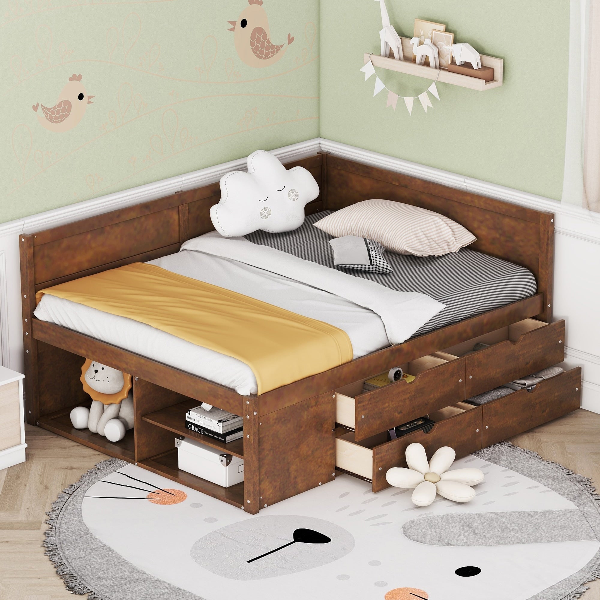 Full Size Daybed With Drawers Shelves Modern Elegant Design