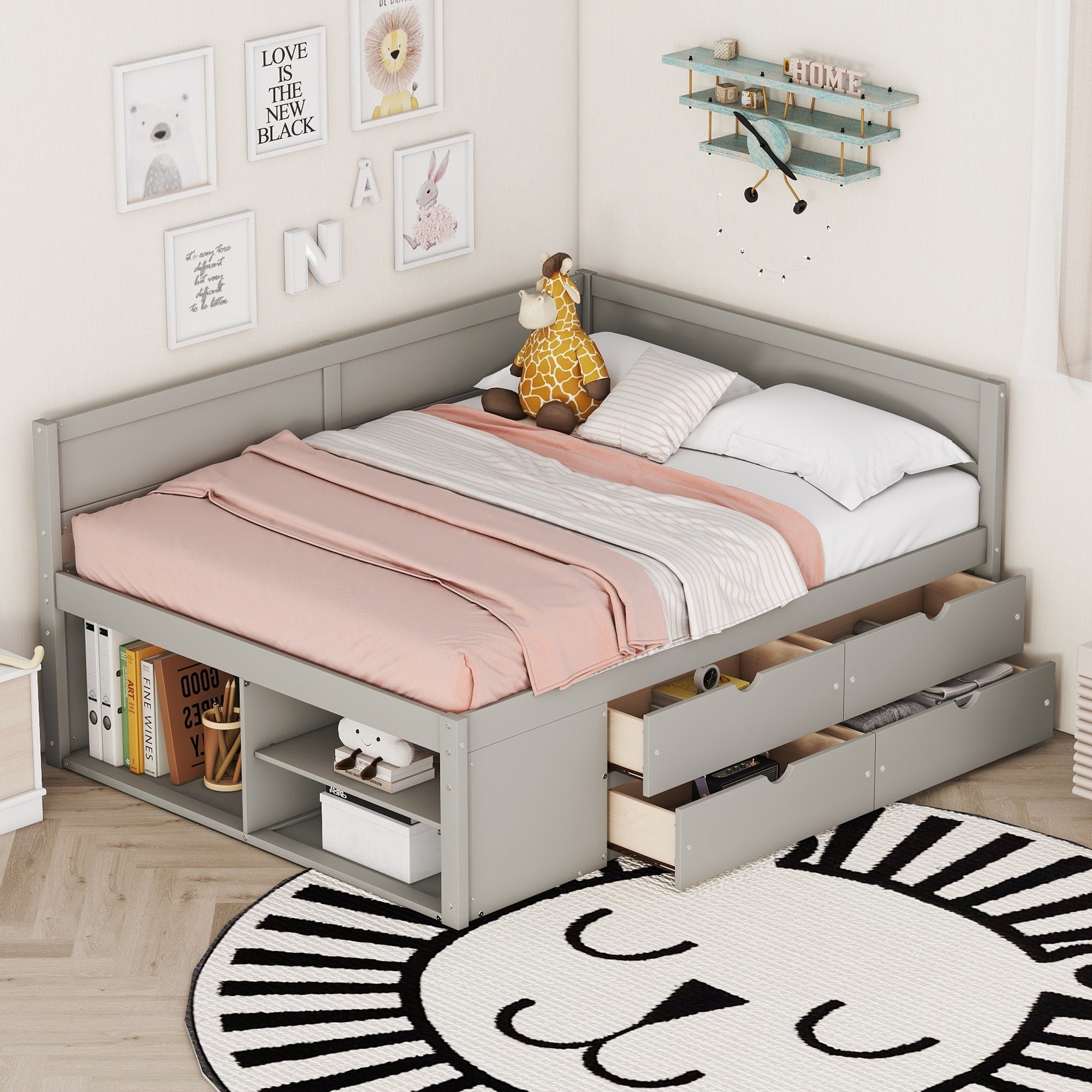Full Size Daybed With Drawers And Shelves Gray