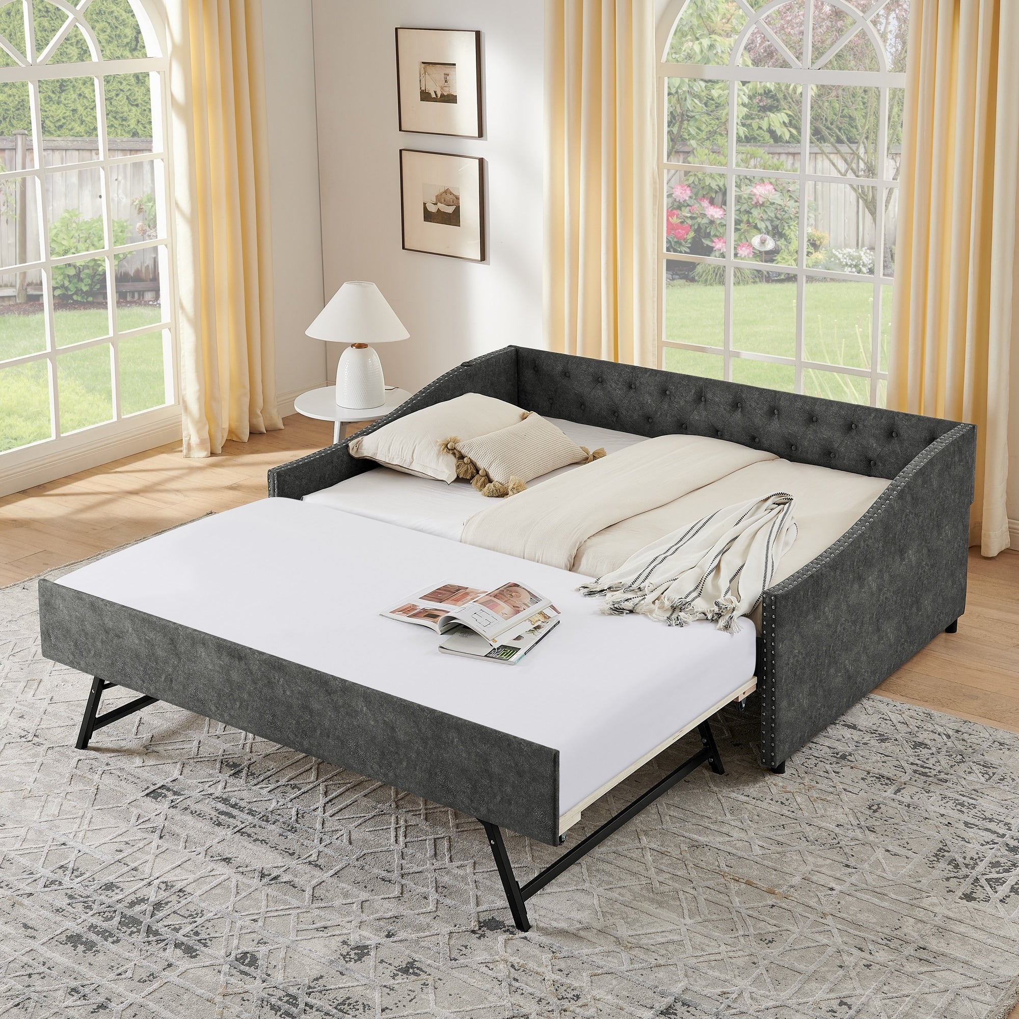 Full Size Daybed With Usb Charging Twin Size Pull Out Extendable Bed With Button On Back And Copper Nail On Waved Shape Arms