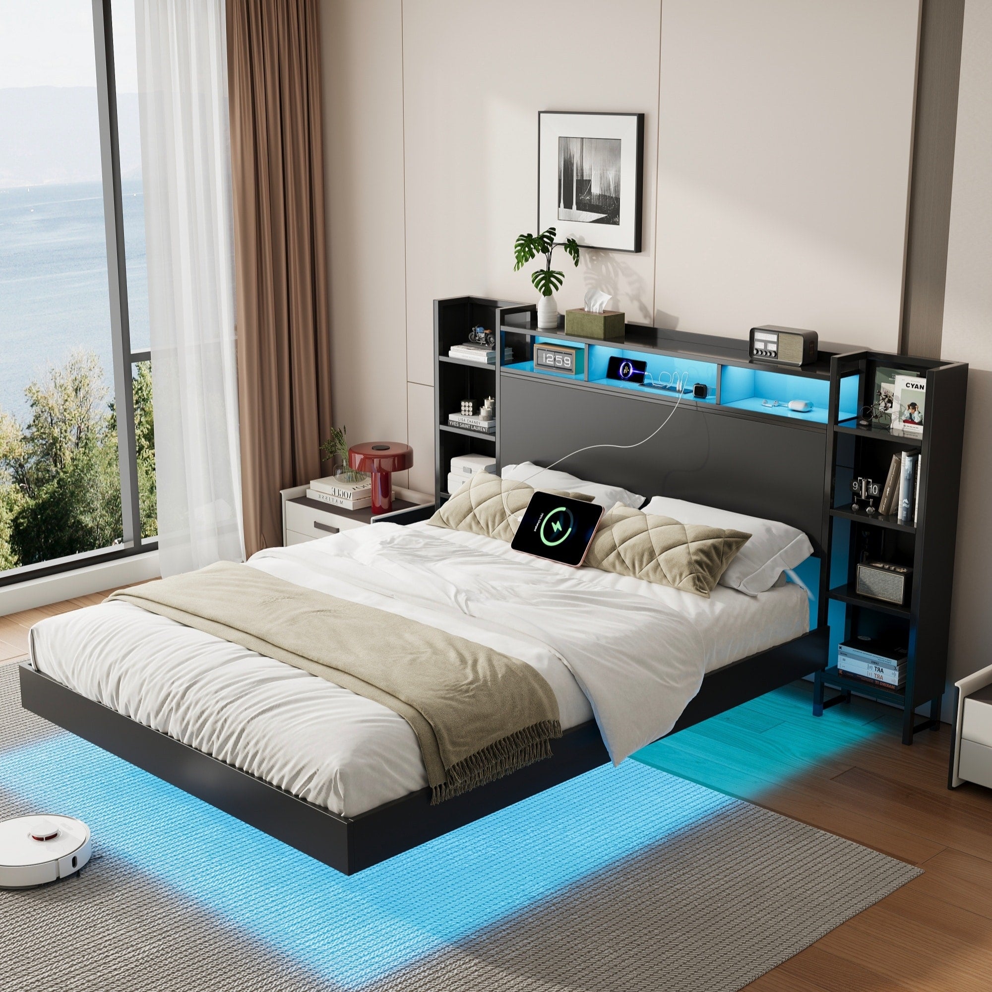 Full Size Floating Bed Frame With Usb Charging Station Storage Headboard And With Led Light Heavy Duty Metal Platform Bed Frame