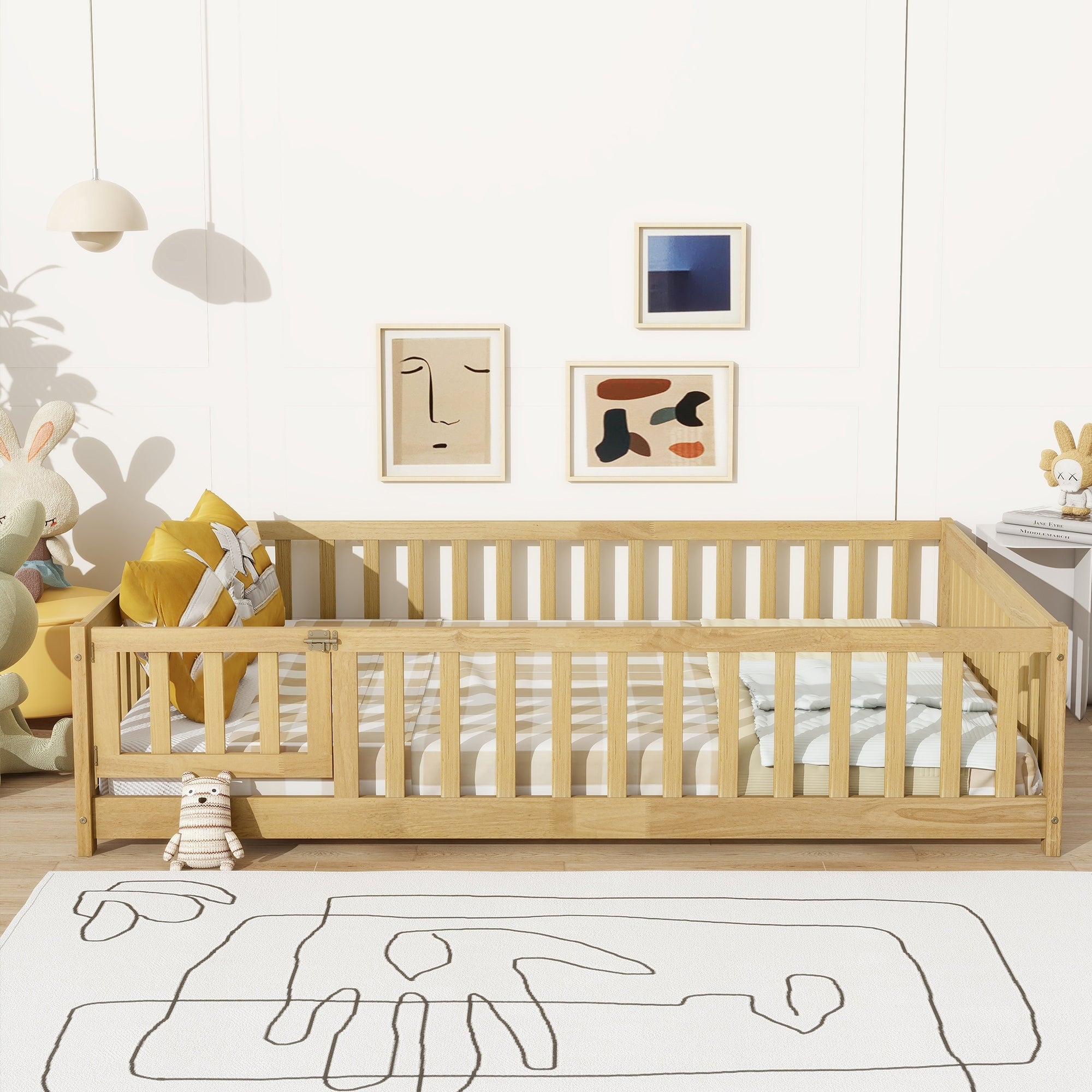 Full Size Floor Bed With Fence And Door Rubber Wood Floor Bed With Safety Guardrails Natural