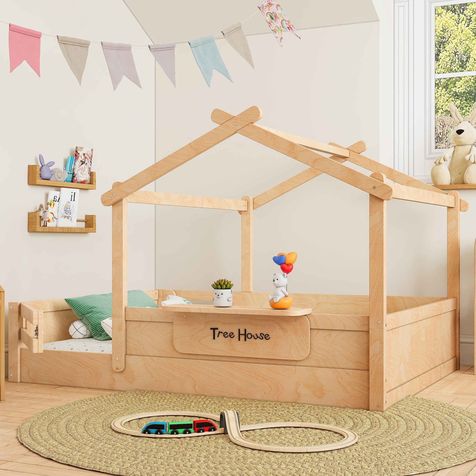 Full Size Floor Bed With Guardrails And Roof Kids House Floor Bed With A Small Built In Tray And Free Installed Signboard