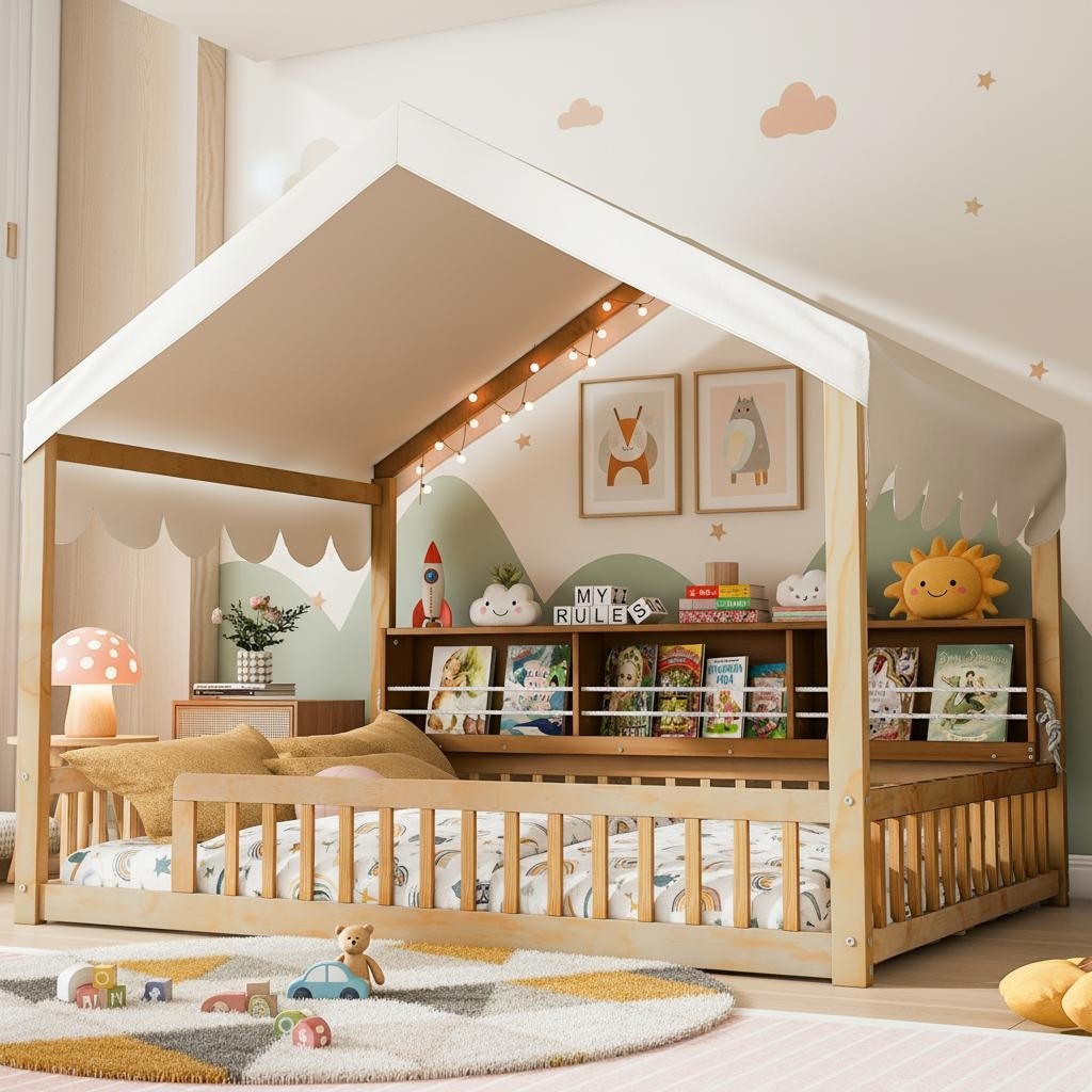 Full Size Floor House Bed With Fence Book Nook Shelves Curtain Led Lights By Harper Bright Designs