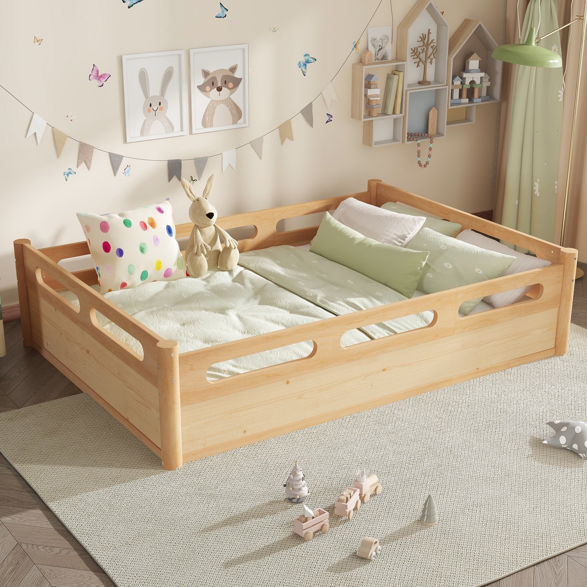 Full Size Floor Platform Bed With Full Length Guardrails Low Profile Bed Frame With Wood Slats Support No Box Spring Needed