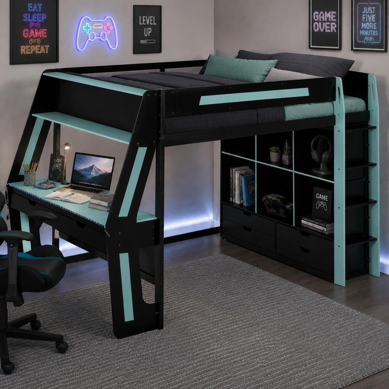 Full Size Gamer Command Loft Bed With Smart Rgb Desk Usb Charging Station 6 Cubbies 6 Drawers By Harper Bright Designs