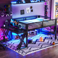 Full Size Gaming Loft Bed With Desk Of X Shaped Leg Led Lights Usb Ports Staircase Mesh Guardrail Black Metal Frame